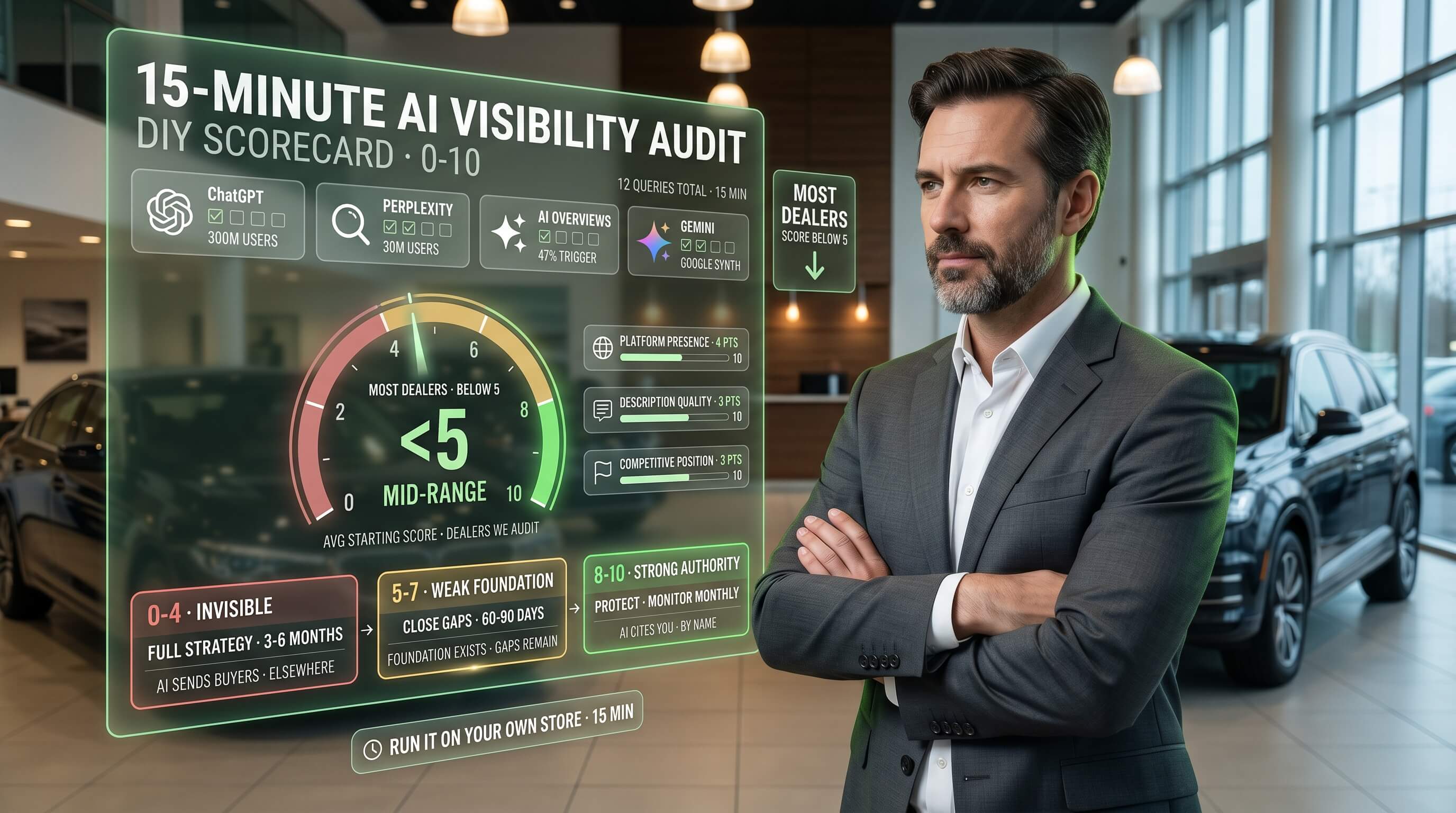 The four entity signals (NAP, schema, knowledge graph, citations) that make AI 2-3x more likely to recognize and recommend your dealership.