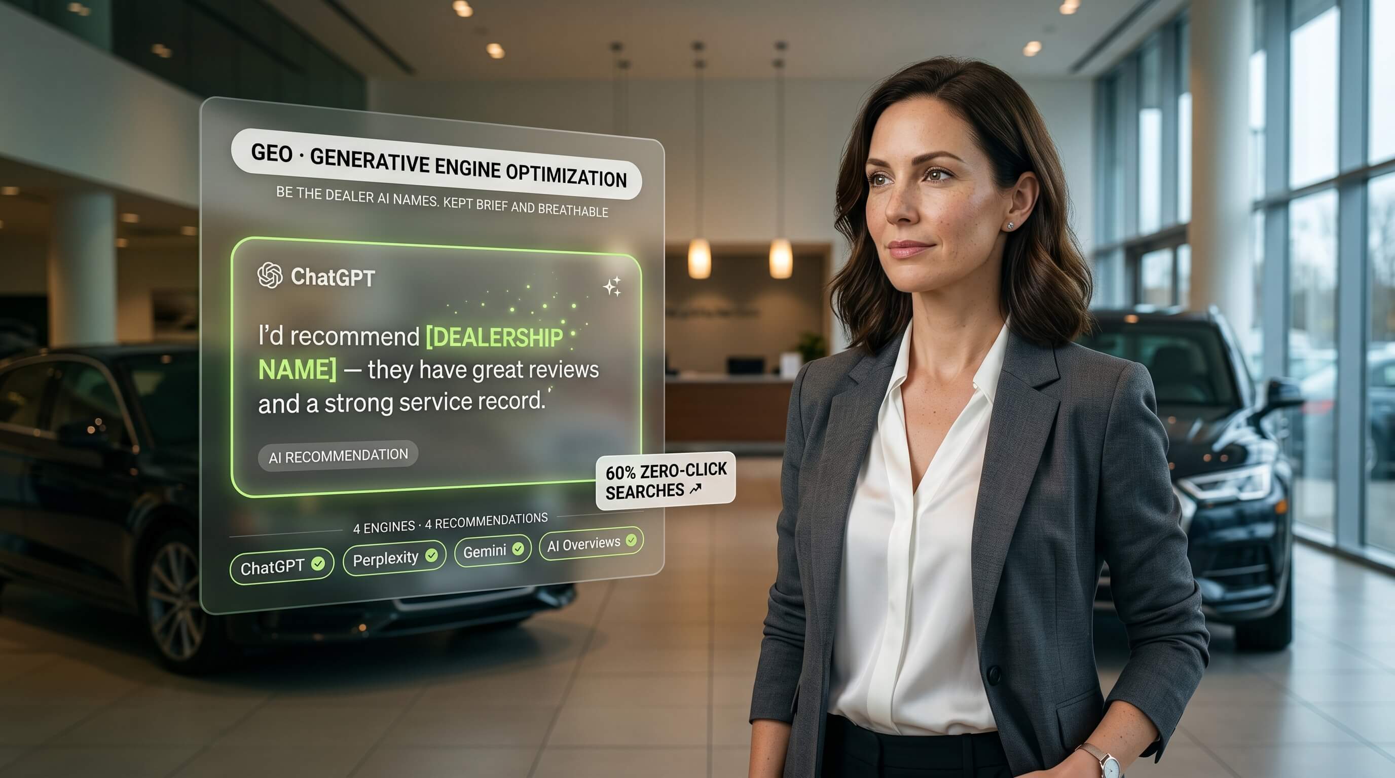 How GEO gets a dealership recommended by name on ChatGPT, Perplexity, and Gemini — through structured content, third-party citations, and entity signals.