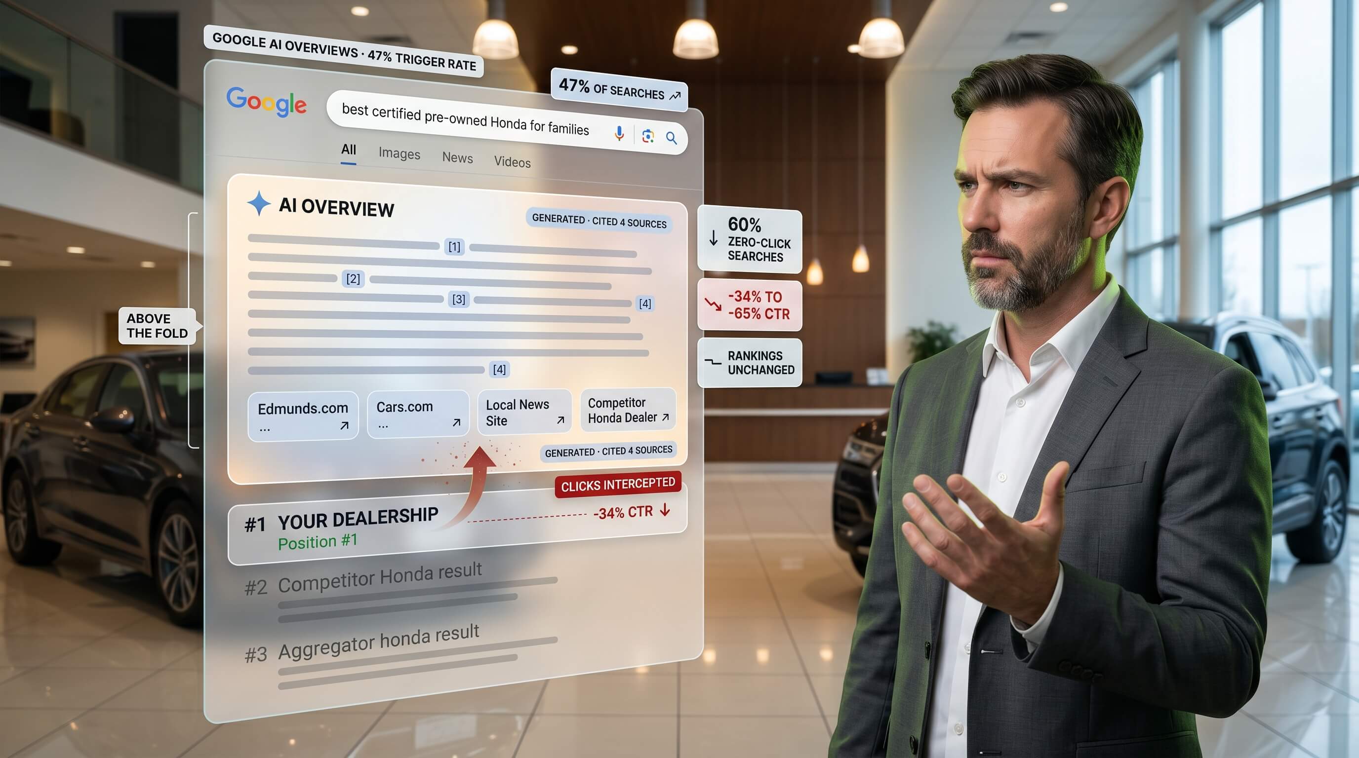 Why dealership organic clicks are dropping 34-65% on informational queries — and how to recapture them through AI Overview citations.