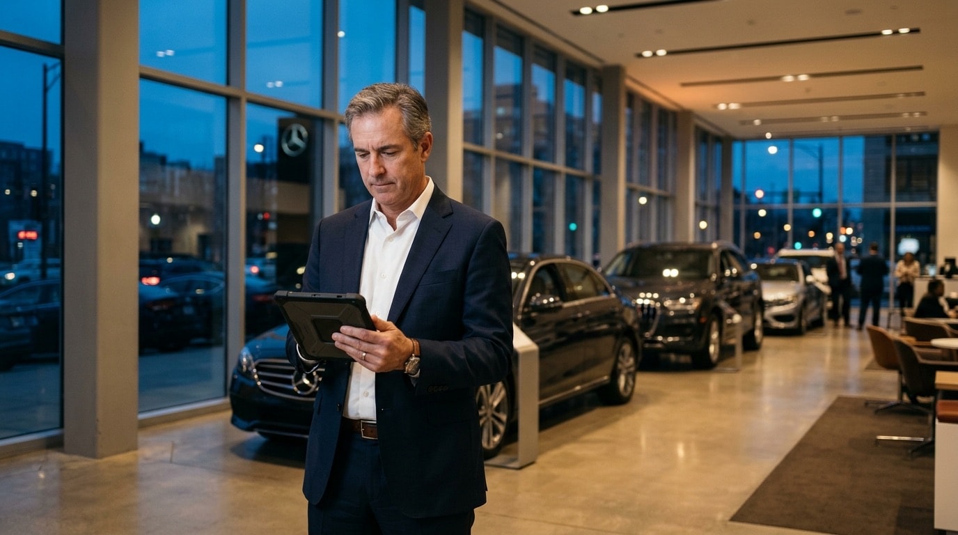 A dealership general manager reviewing performance on a tablet in a showroom at dusk