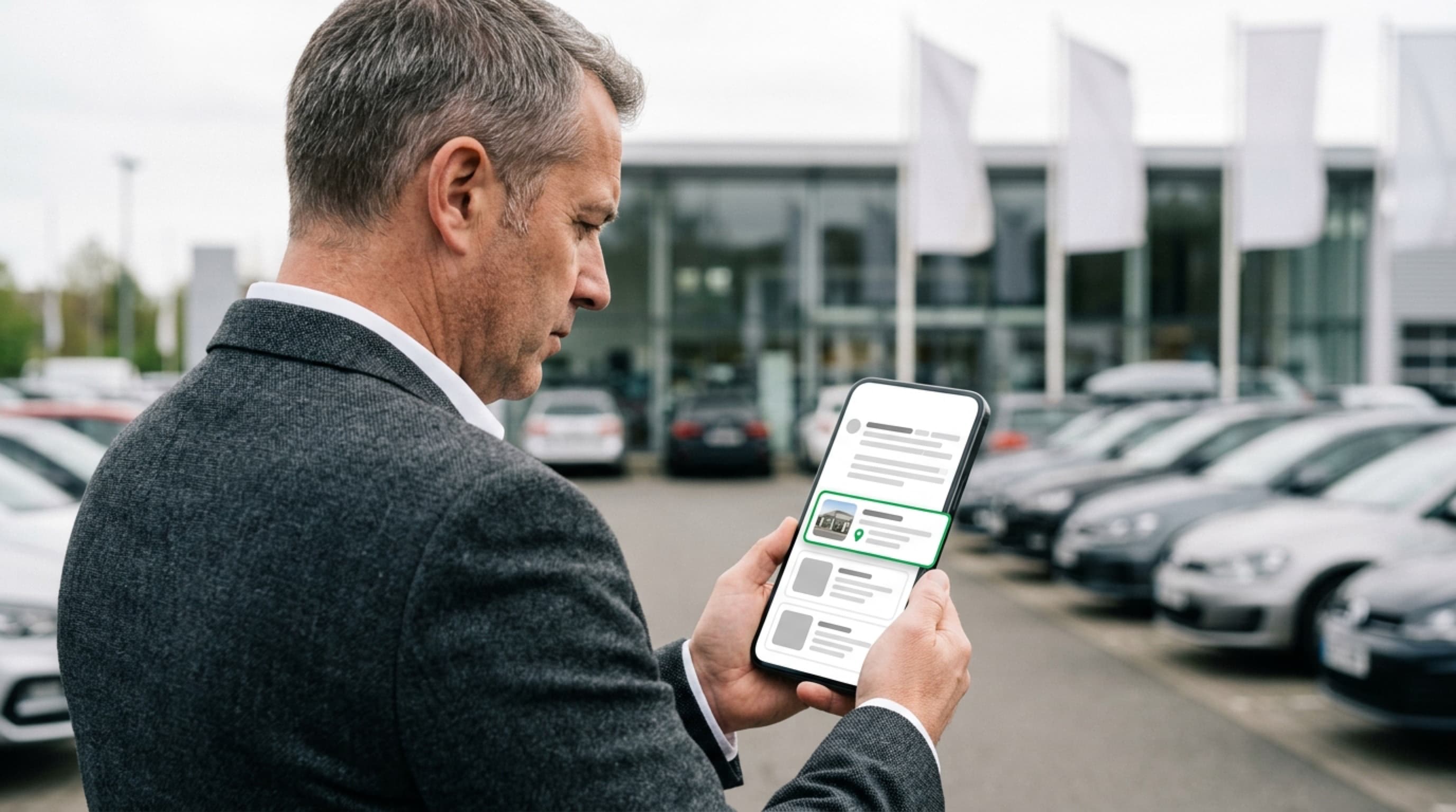 A dealership general manager on his own lot reading an AI assistant answer on his phone, the moment competitor research is about: who the engines recommend to his buyers.