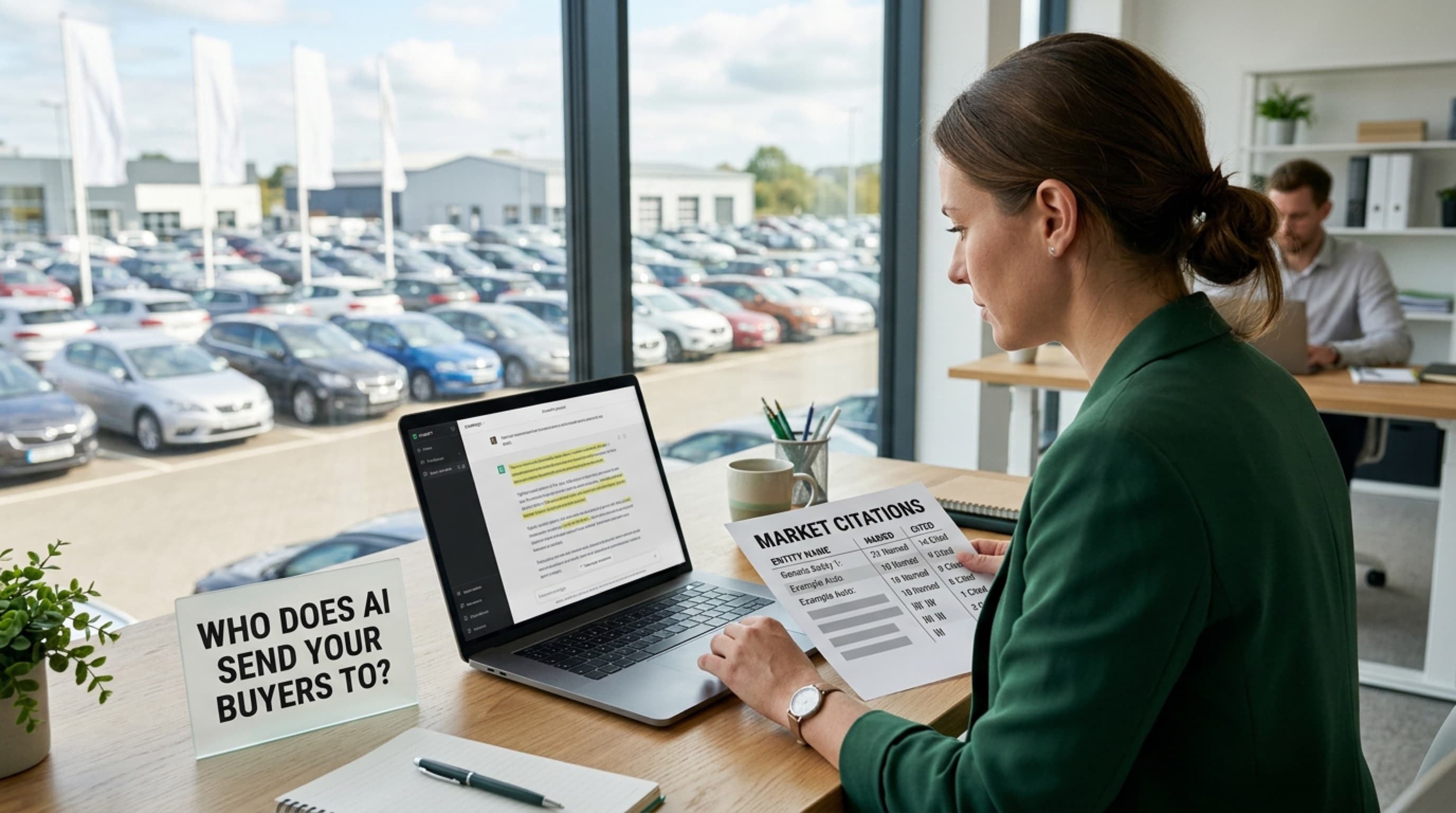 AI visibility competitor research for a dealership market: the domains AI engines cite when buyers ask who to buy from, counted and compared.