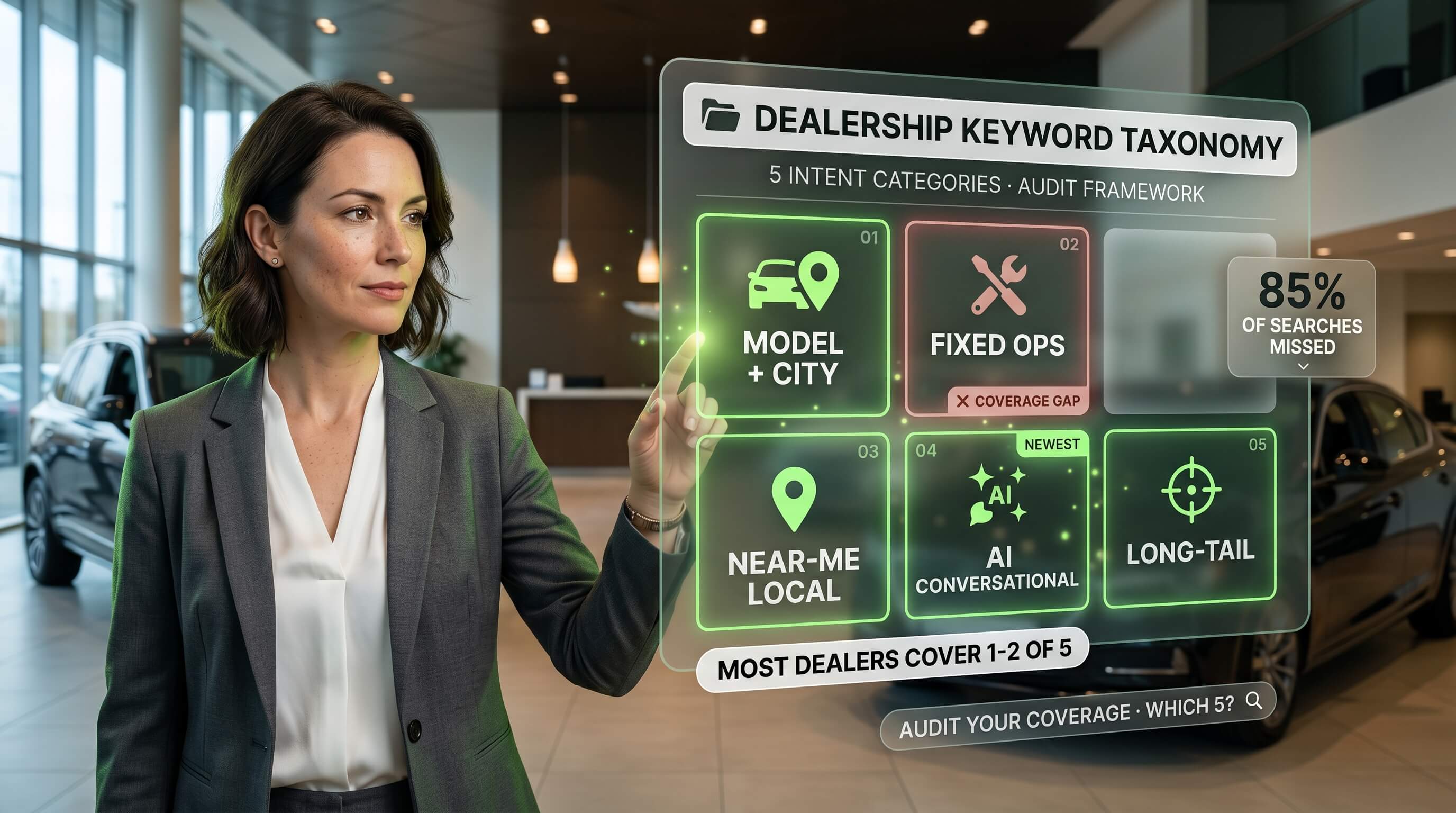 The seven keyword categories every dealership site needs, mapped from buyer journey stage to page type.