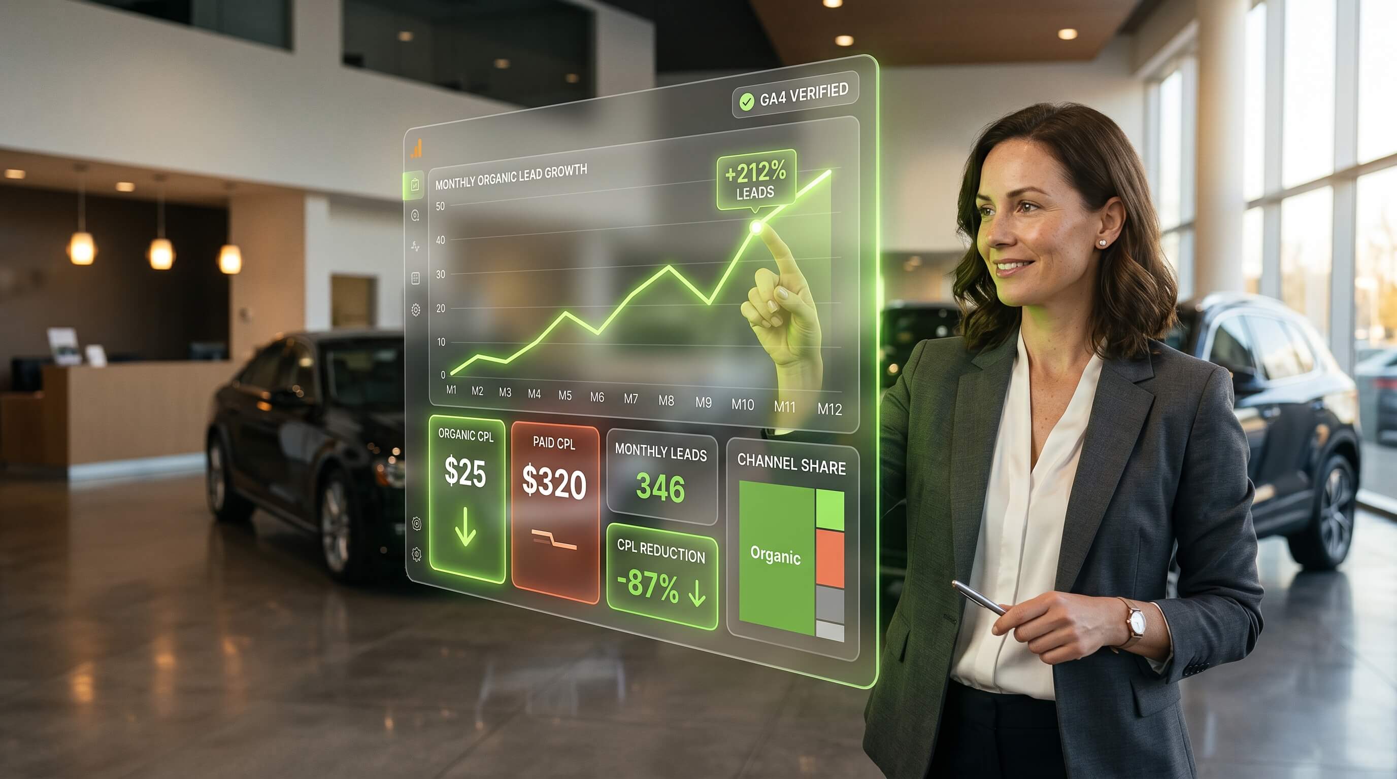 The three SEO numbers a dealership CFO actually needs: monthly organic leads, cost per lead vs paid, and channel share.