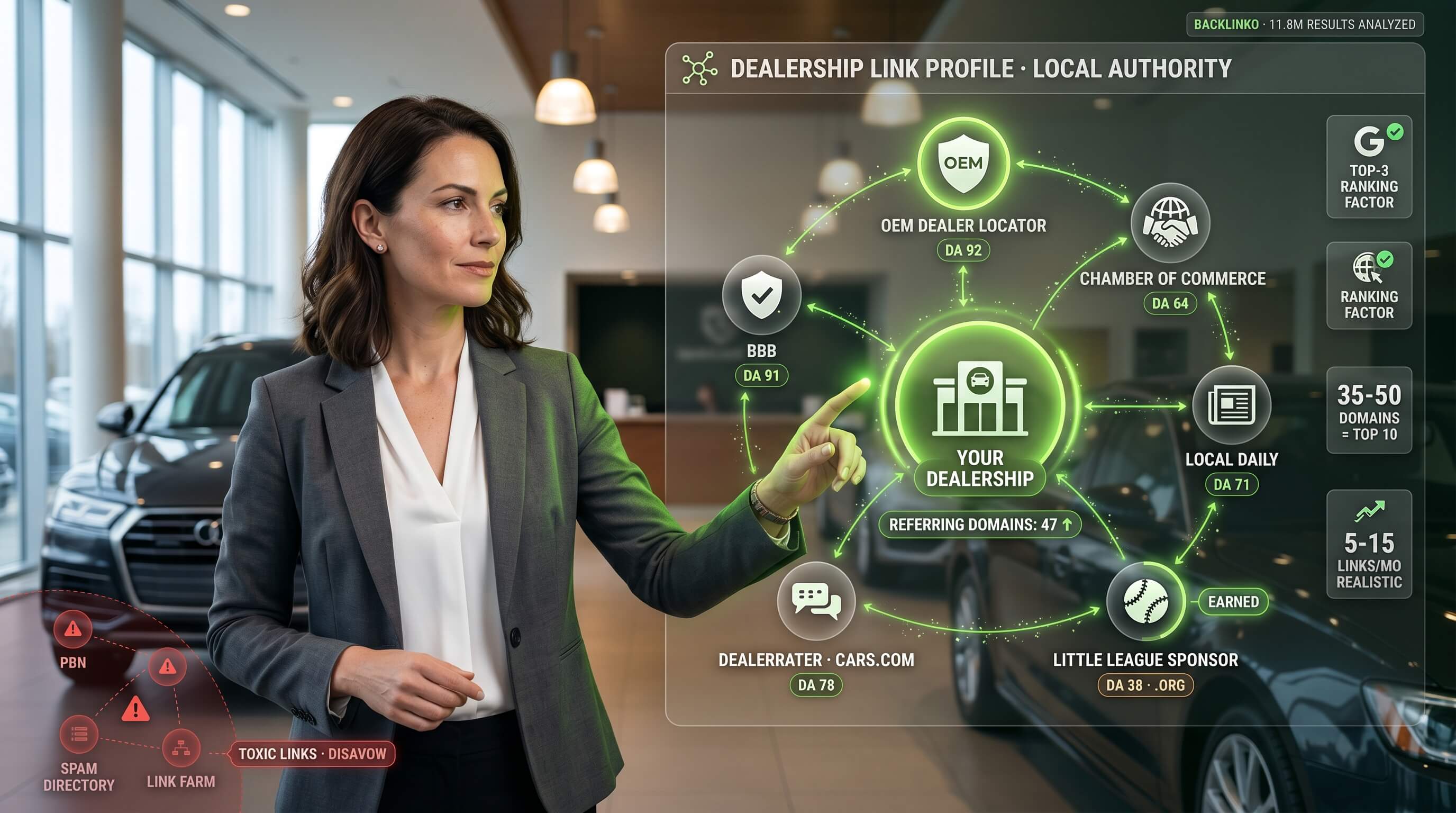 How dealerships earn 5-15 quality links per month through OEM directories, local sponsorships, and content that earns links naturally.