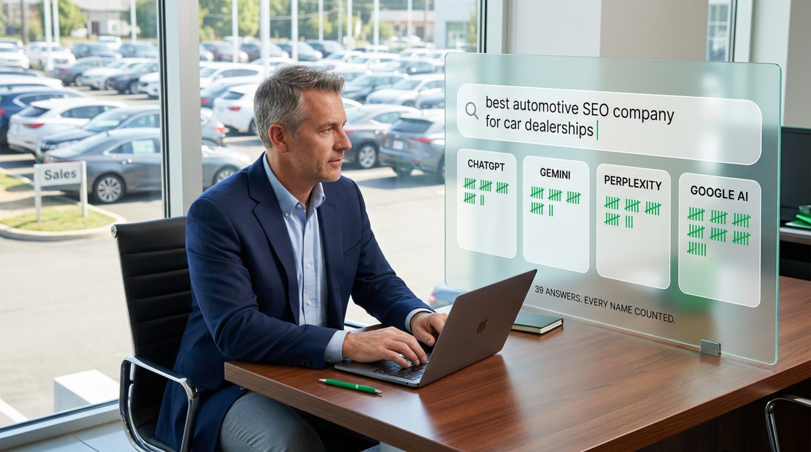 A measured scoreboard of automotive SEO companies: how often each one is named or cited across 27 live AI engine answers.