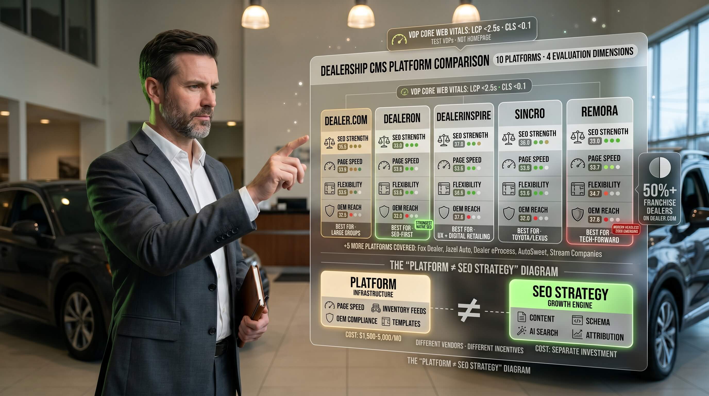 A four-dimension framework for evaluating dealership website platforms before they cap how far SEO can take you.