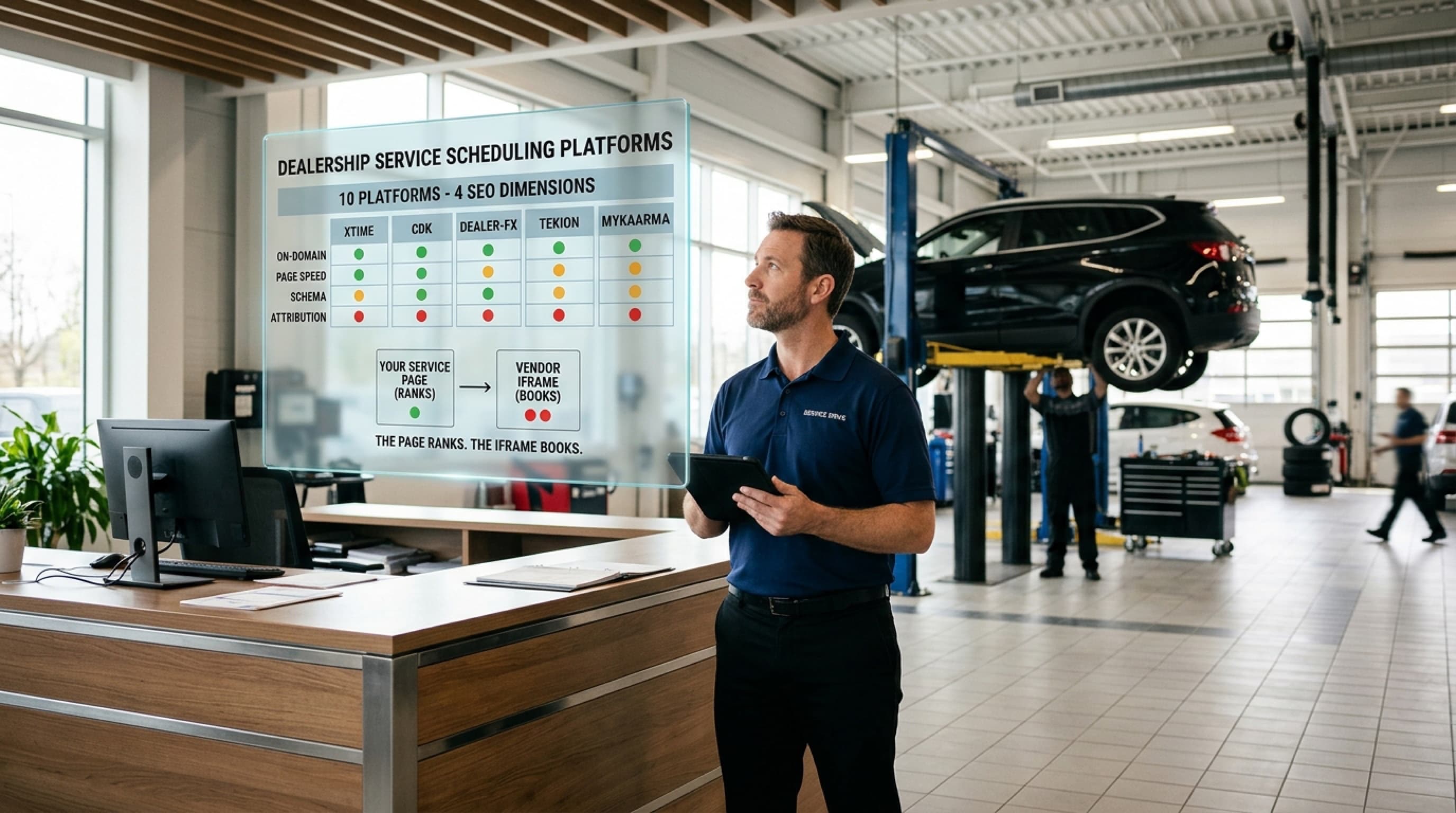 A four-dimension framework for evaluating dealership service scheduling platforms: where the booking lives, page speed, schema, and attribution.