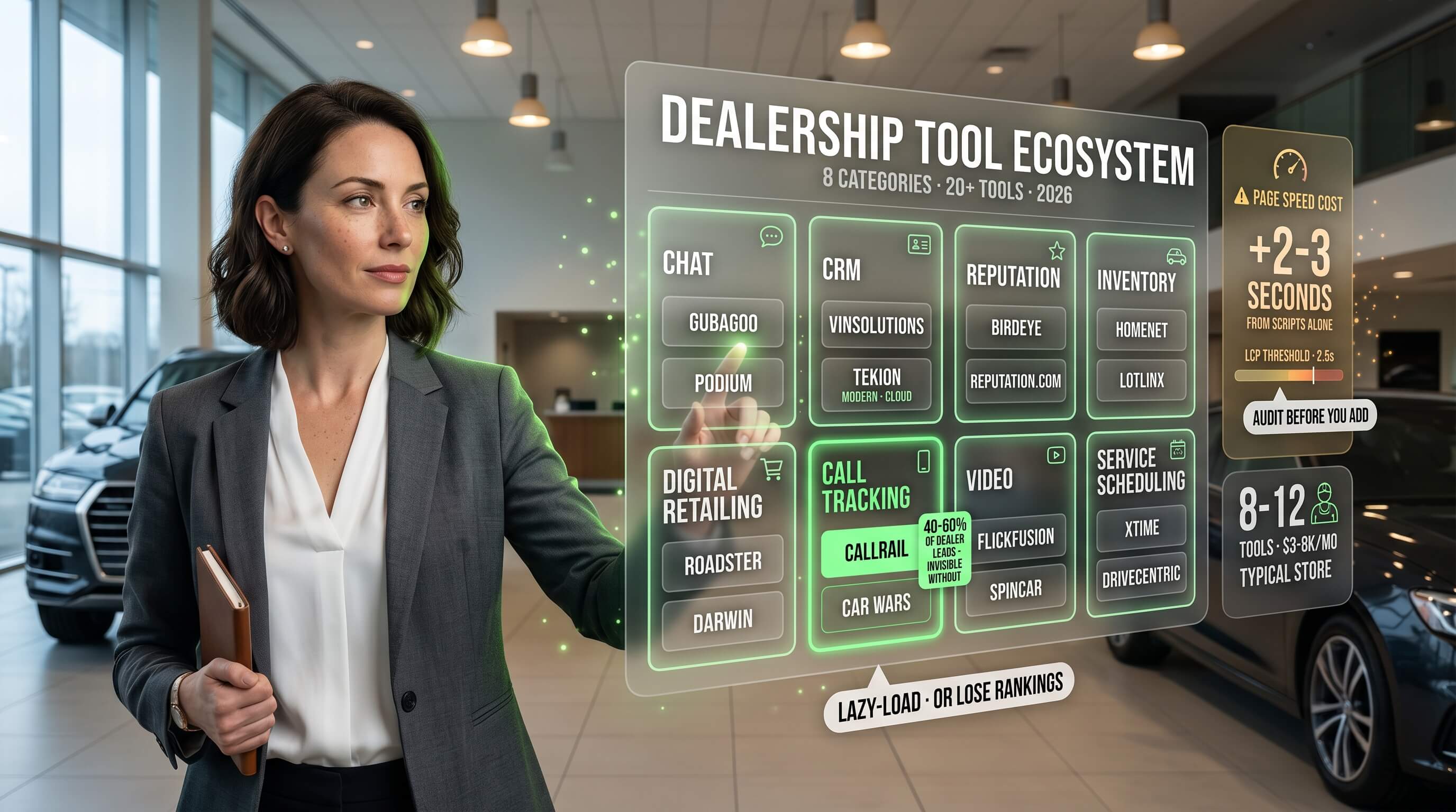 The third-party stack (CRM, chat, call tracking) that adds 15-30% to lead conversion without slowing down the site.