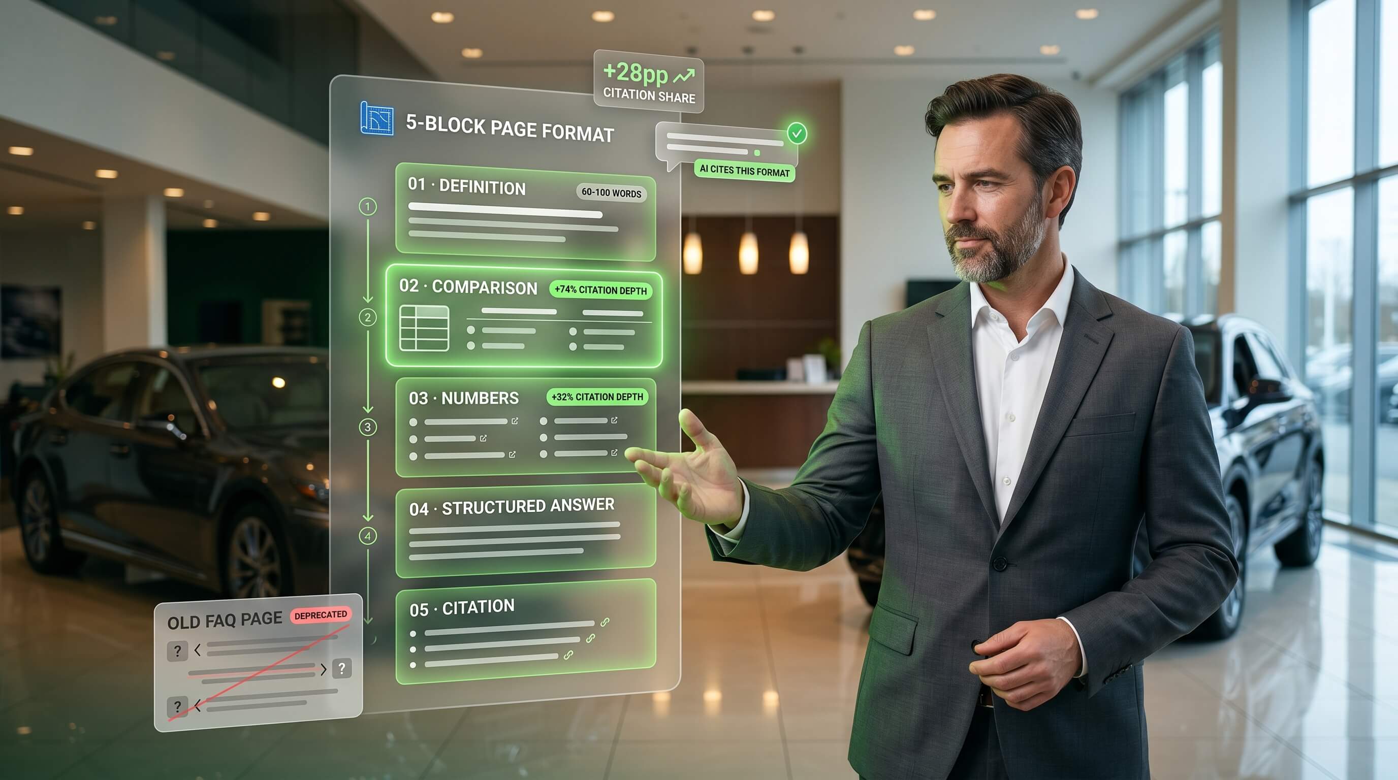 Five-block content format diagram for AI-citable dealership content.