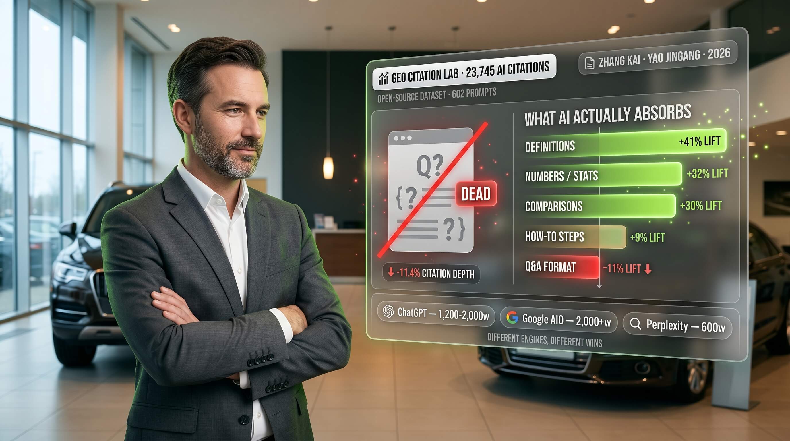 What 23,745 AI citations reveal about which dealership content formats win on ChatGPT, Google AI Overviews, and Perplexity.