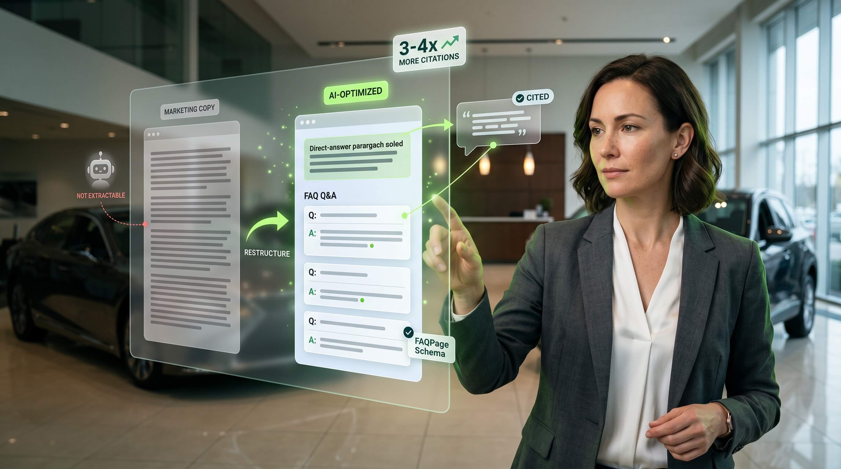 The three content structures that earn dealerships 3-4x more AI citations than standard marketing copy.