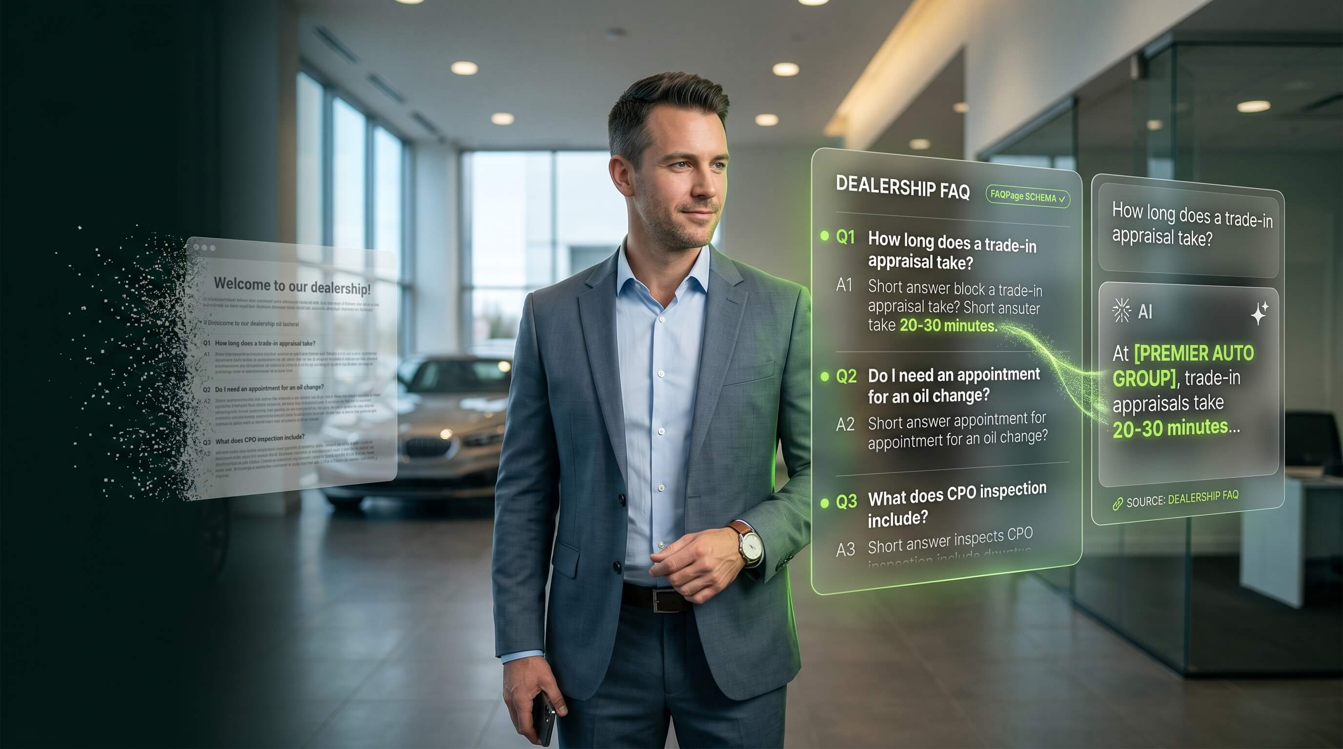 How to structure dealership FAQ pages so ChatGPT and Google AI Overviews can lift the answers cleanly.