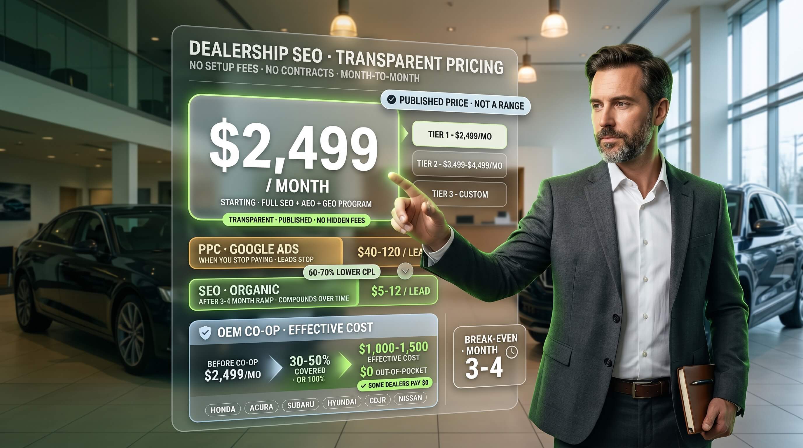 What dealership SEO actually costs in 2026, what is included at $2,499/month, and where OEM co-op covers 30-50% of it.