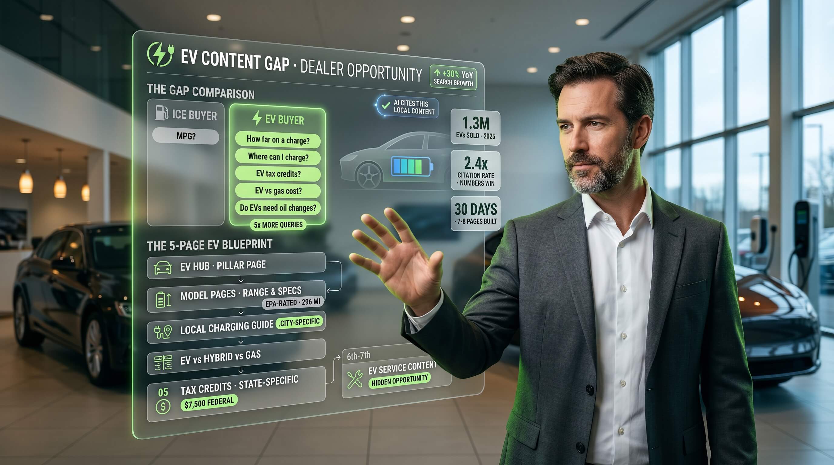 Five EV content pages and a 30-day plan to capture the 30%+ year-over-year growth in electric vehicle search demand.