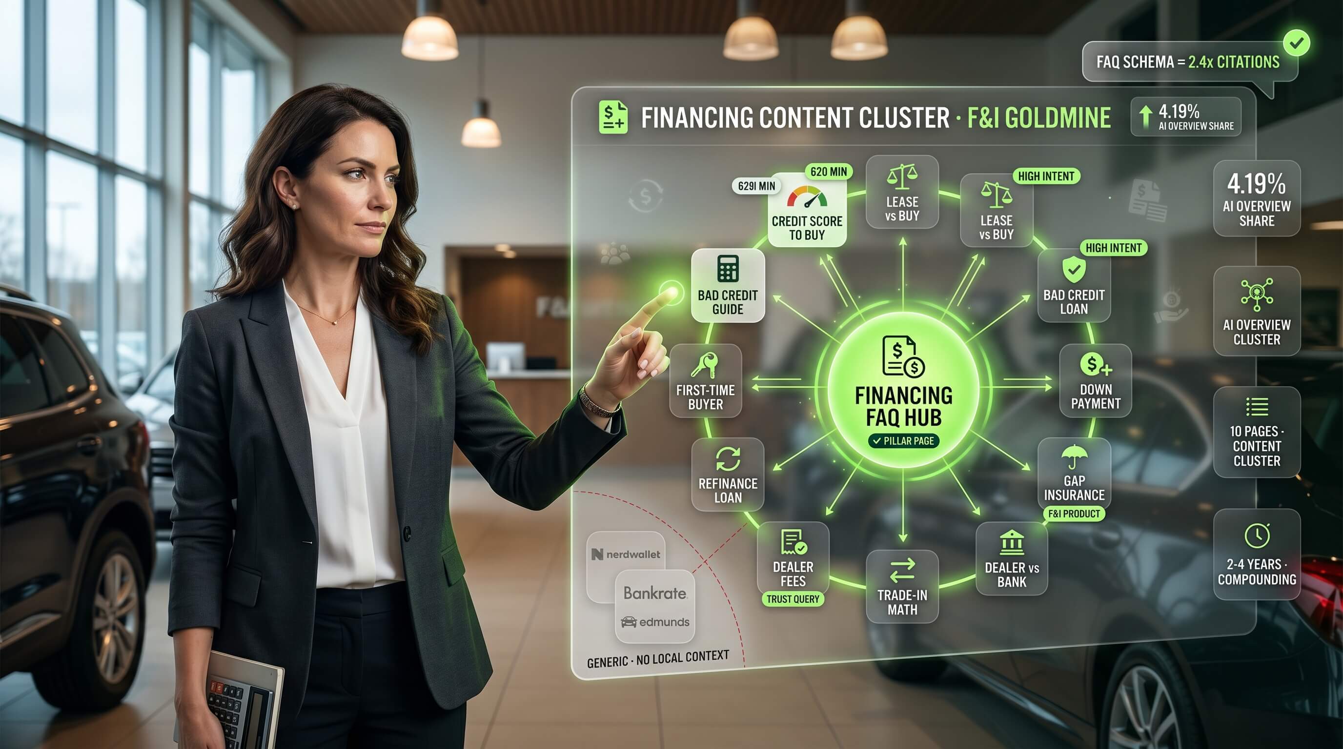 Ten financing questions that drive 4.19% of all AI Overviews — and how to turn dealer F&I pages into a lead engine.