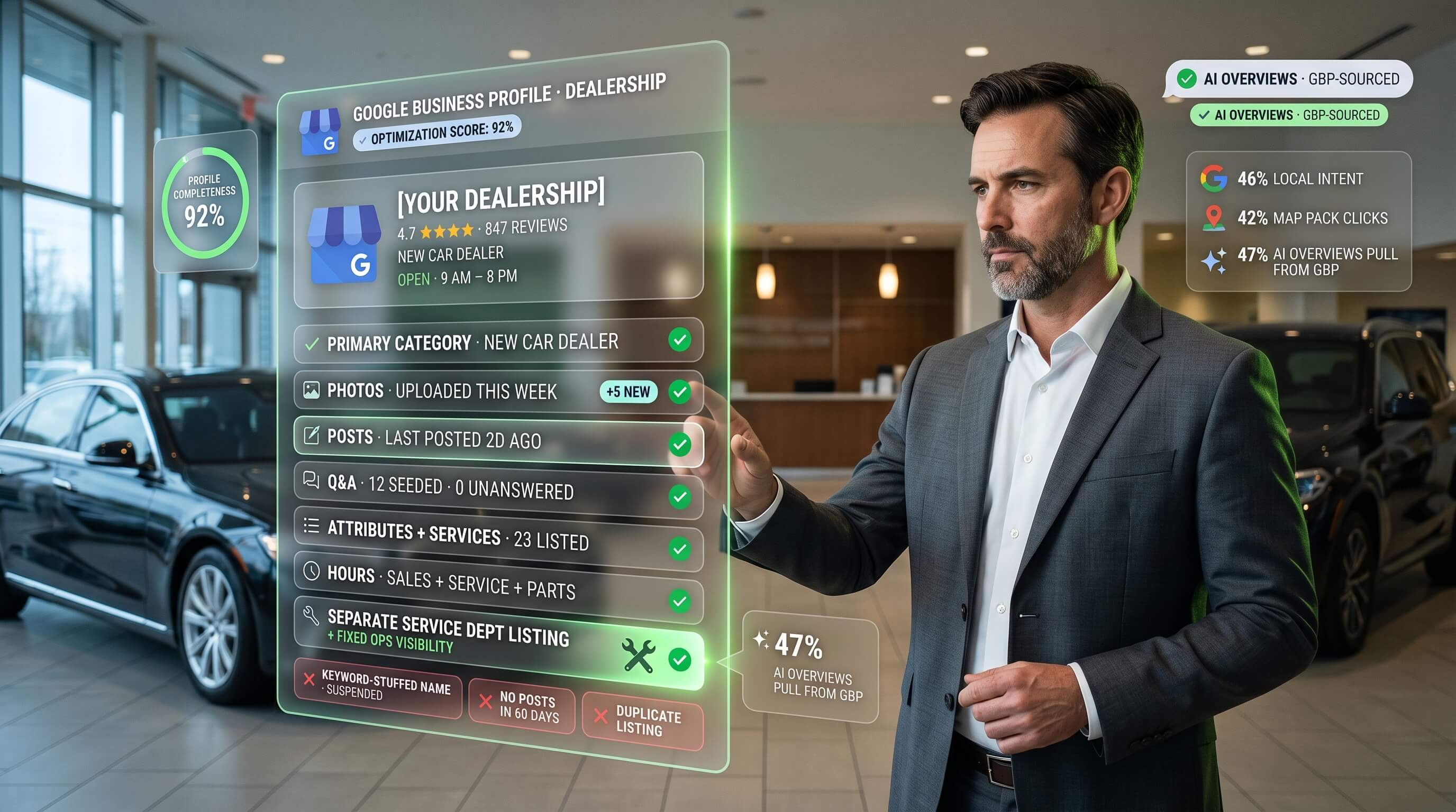 The Google Business Profile fixes that move a dealership into the Map Pack — categories, photos, posts, Q&A, and department listings.