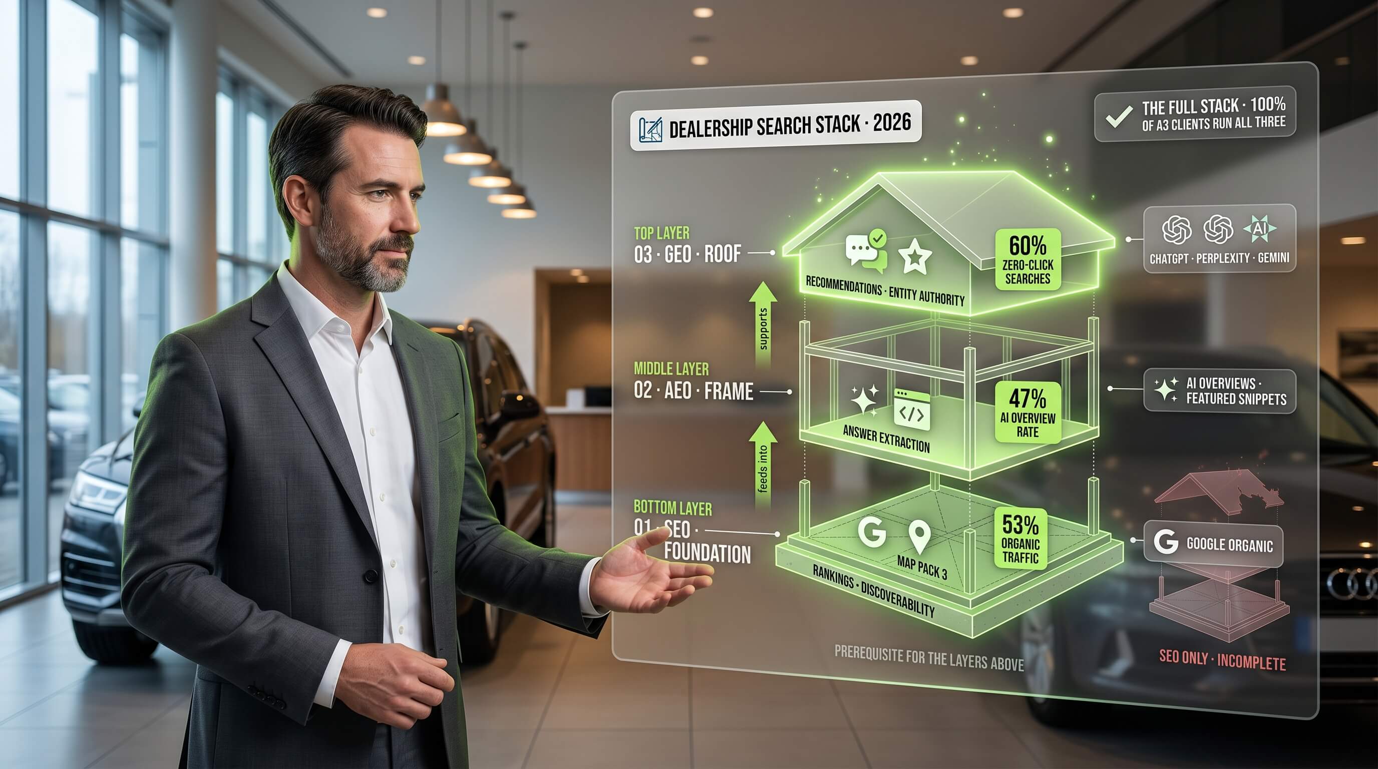 The three layers of one dealership search strategy — SEO for rankings, AEO for extraction, GEO for AI brand recommendation.