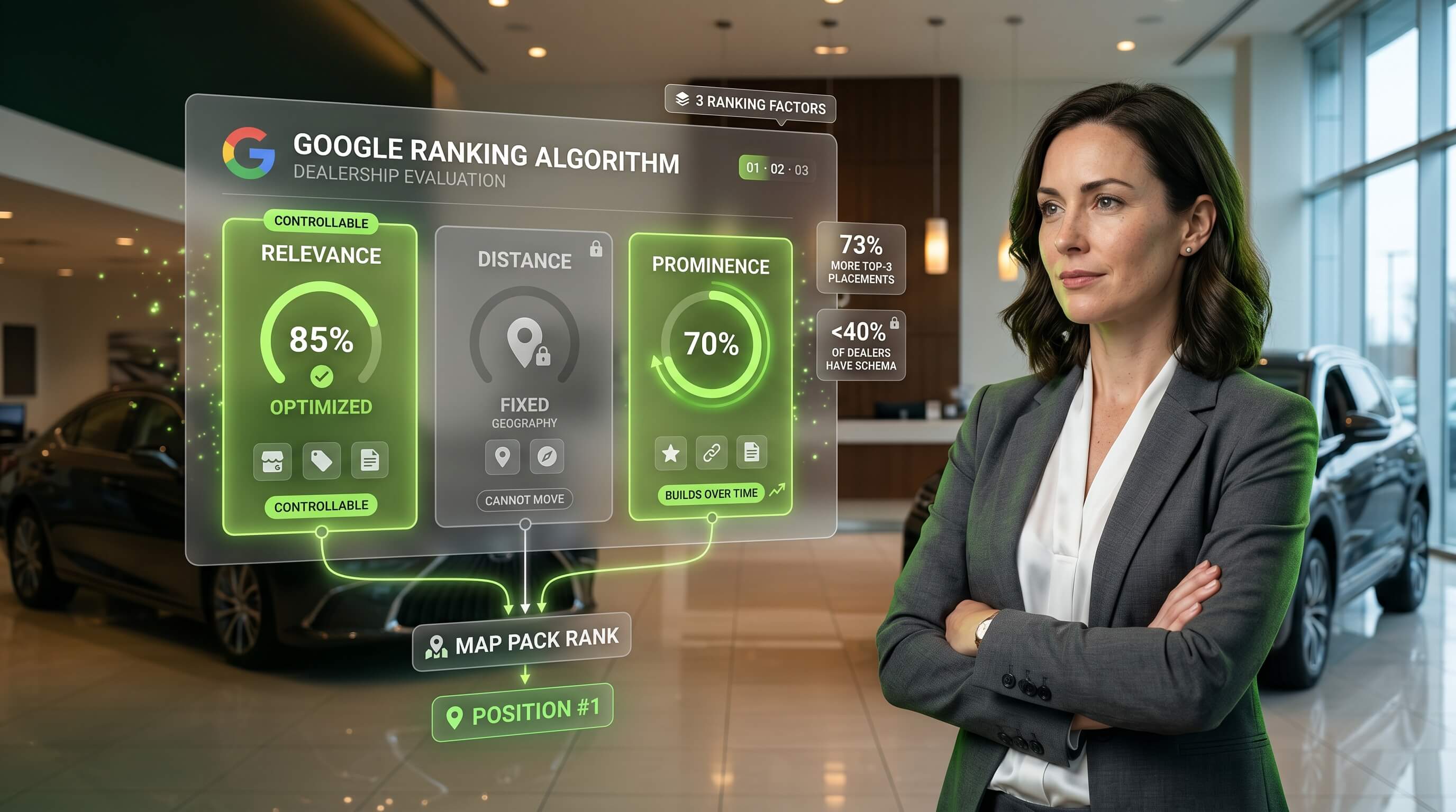 The three factors Google weighs to rank a dealership — relevance, distance, prominence — and which two you can actually move.
