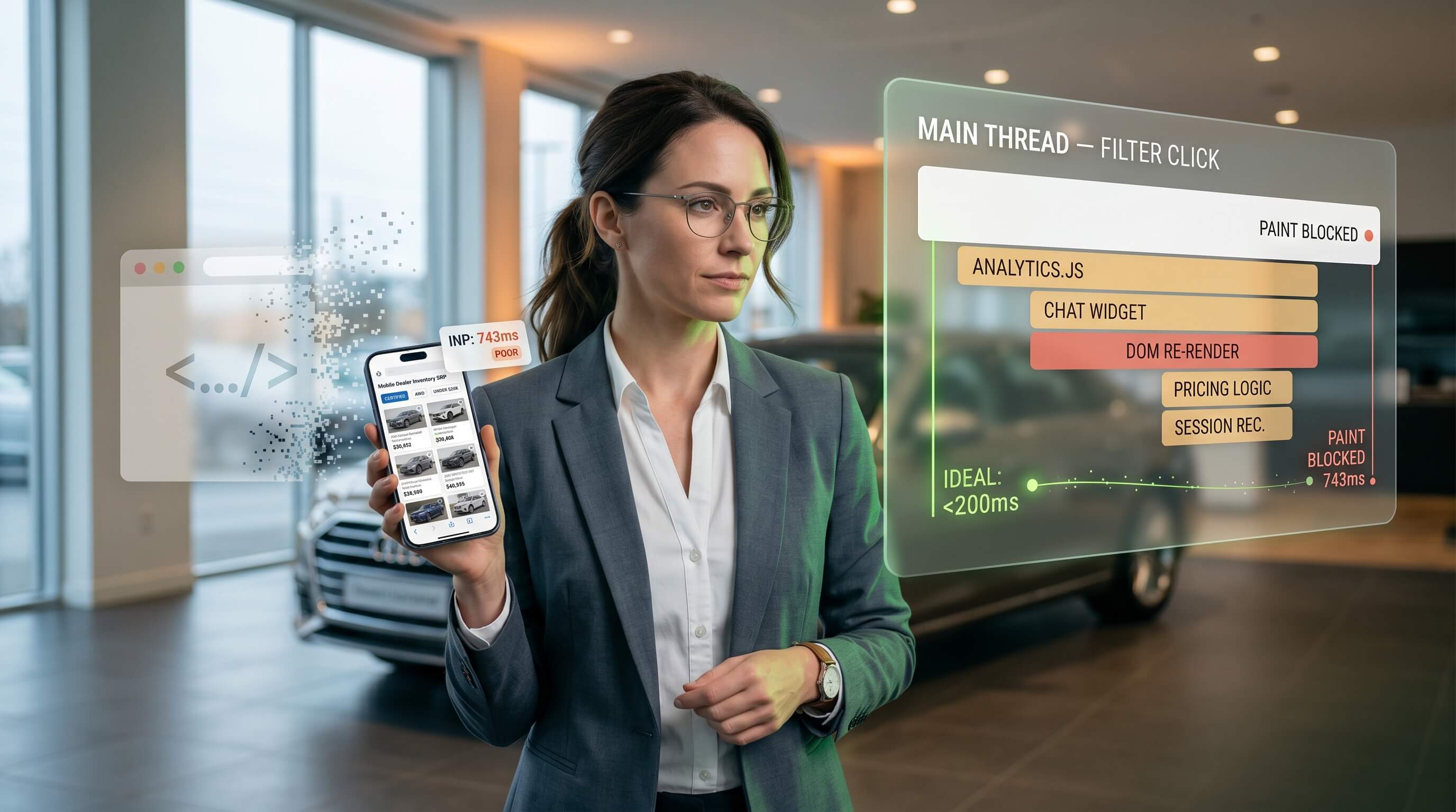 Dealer inventory grid with filter UI and a performance overlay showing INP timing