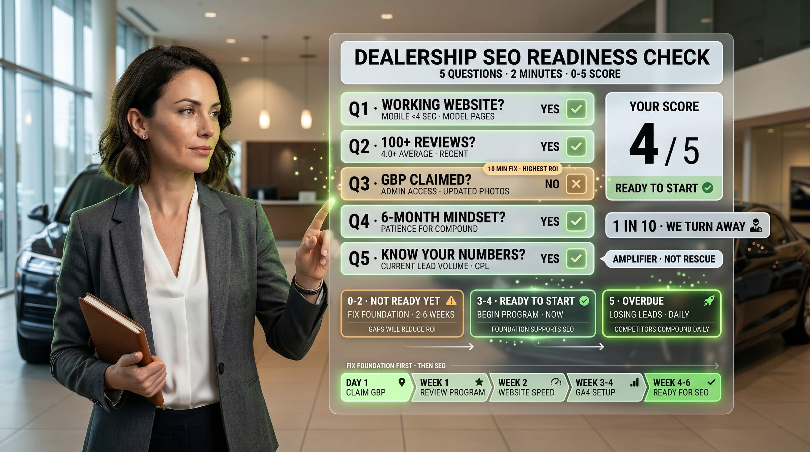The five readiness signals that predict whether dealership SEO will produce ROI — the same checks A3 runs before accepting any client.