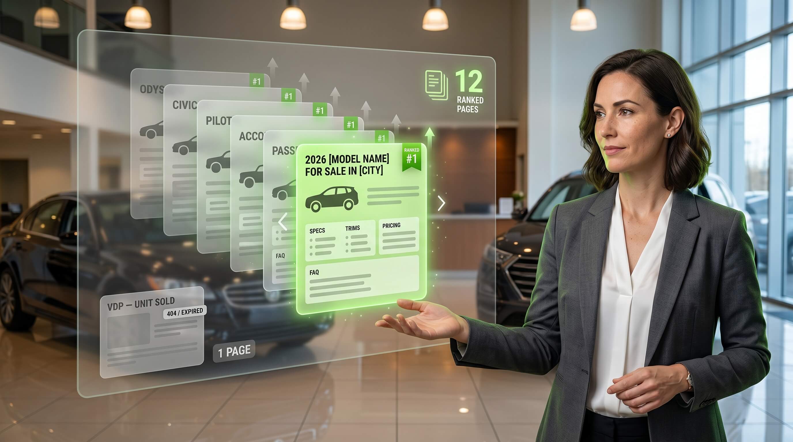Why model landing pages capture 40-60% more organic leads than VDP-only inventory feeds — and the page structure that ranks.