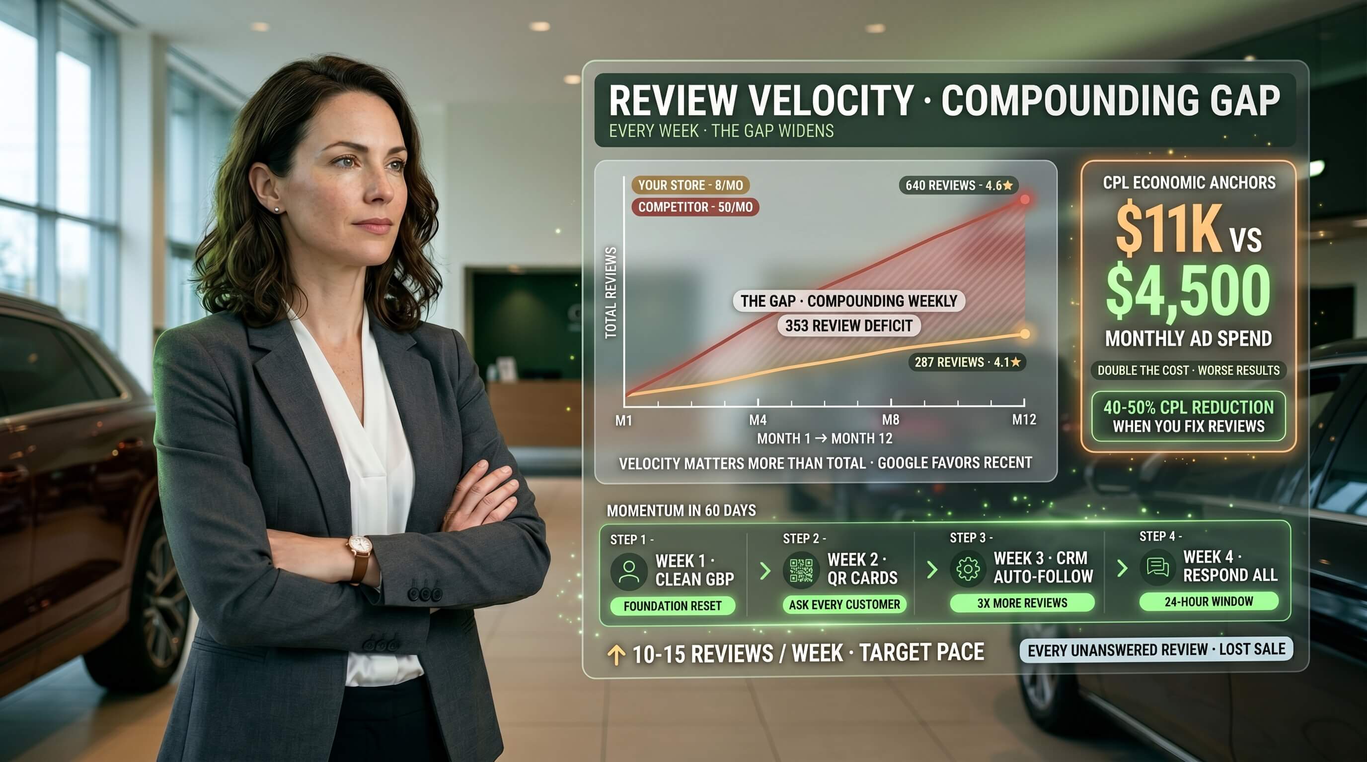 The Google review system (volume, recency, response speed) that decides whether a dealership owns the Map Pack or gets buried.