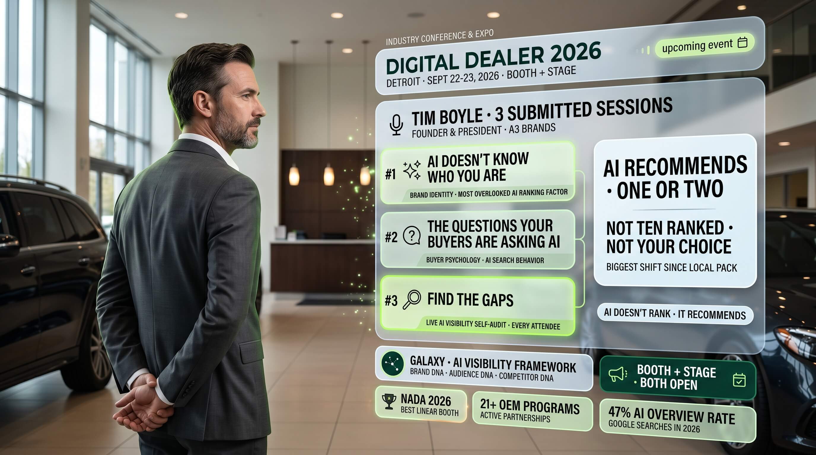 The GALAXY framework A3 Brands is bringing to Digital Dealer 2026 — Brand DNA, Audience DNA, Competitor DNA for AI visibility.