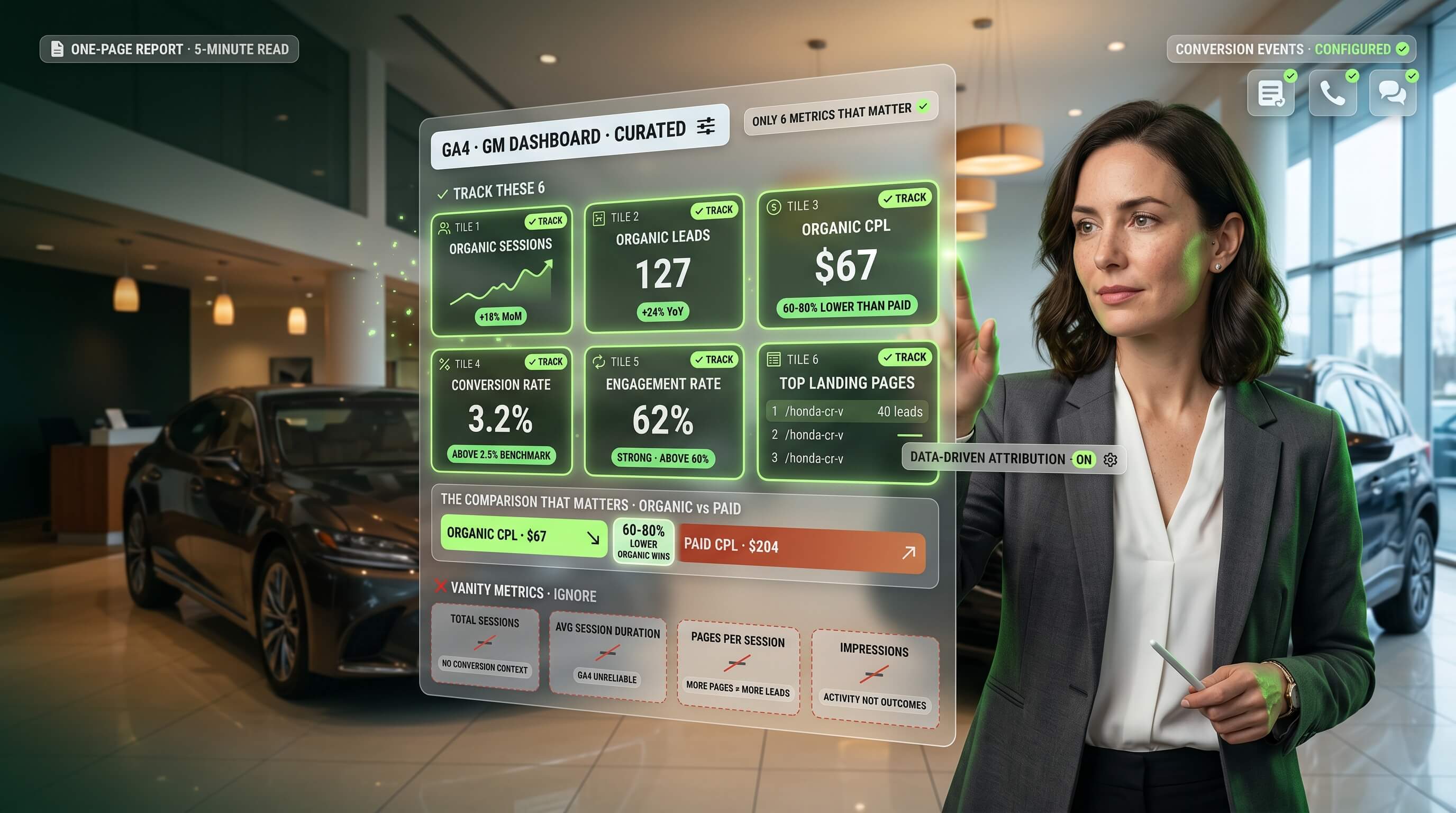 The six GA4 metrics that tell the whole dealership story — and the 40 vanity numbers most monthly reports waste a GM's time on.