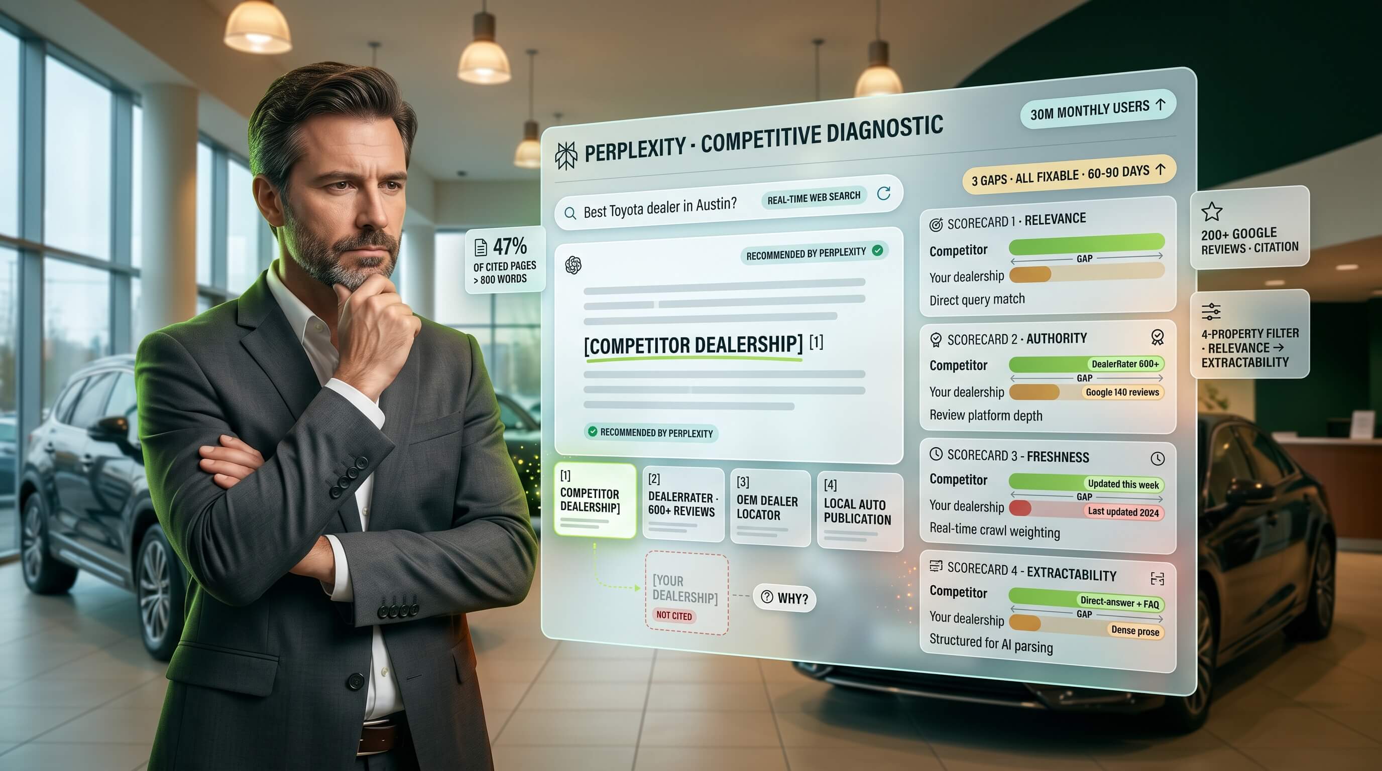 Why Perplexity picks one dealership over another — the three signals that move a store from invisible to consistently recommended.