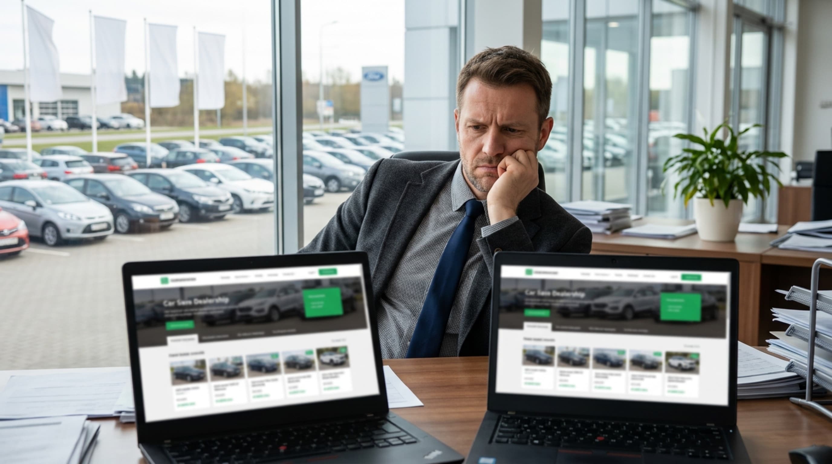 A dealership general manager comparing two near-identical dealer websites side by side, the commodity problem AI engines see every day.