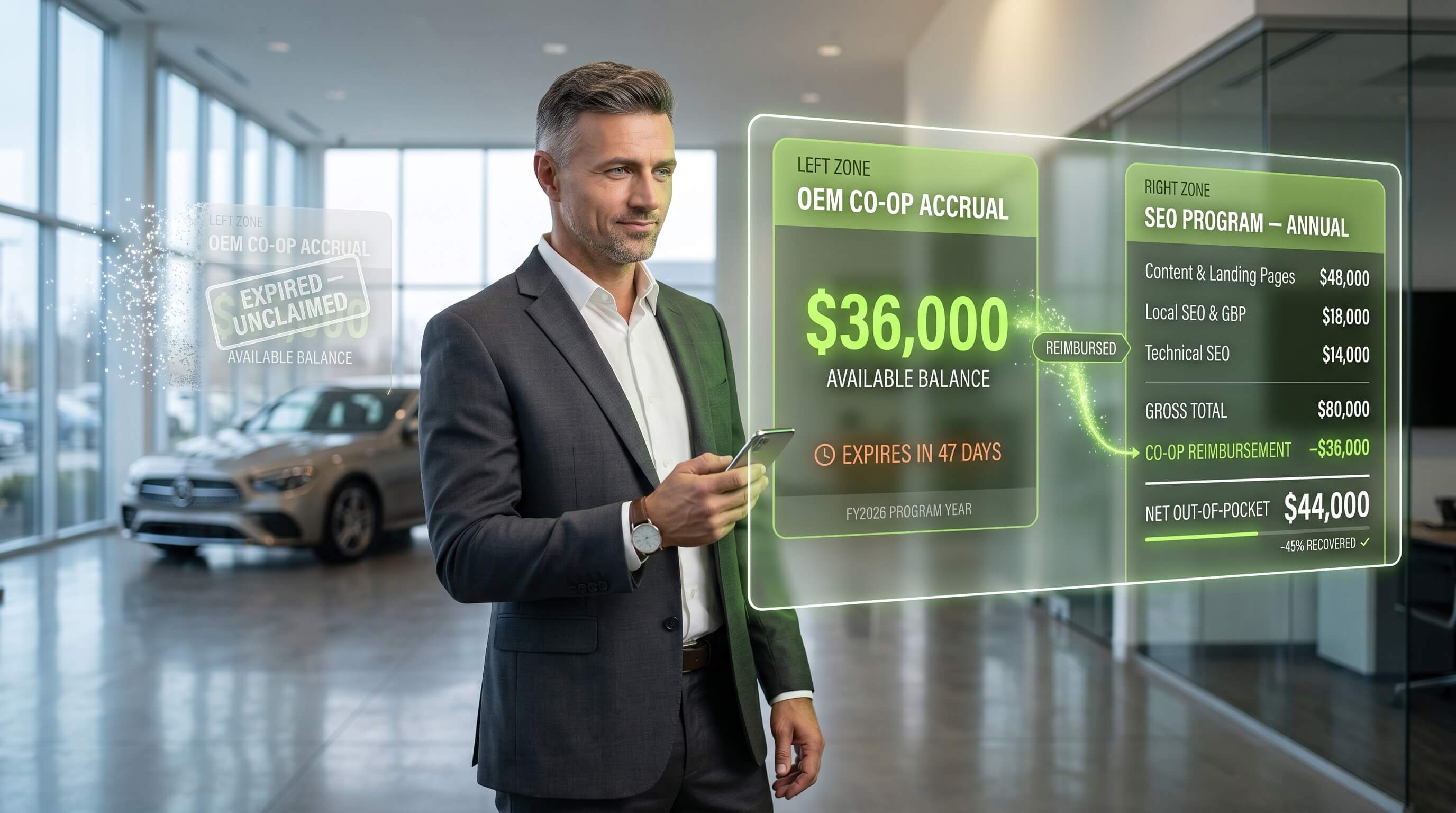 How dealerships across 21+ OEM programs use co-op funds to cover 30-50% of SEO investment most GMs never claim.