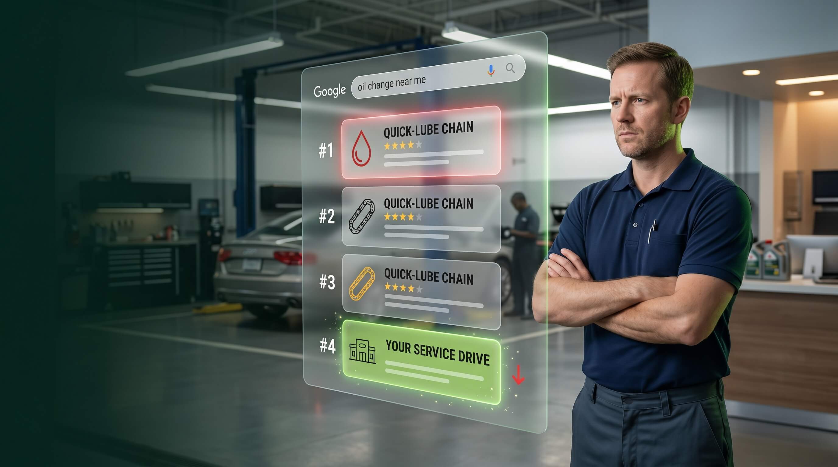 The dedicated oil-change page + GBP combo that recovers 30-50% of the local service traffic quick-lube chains currently take.