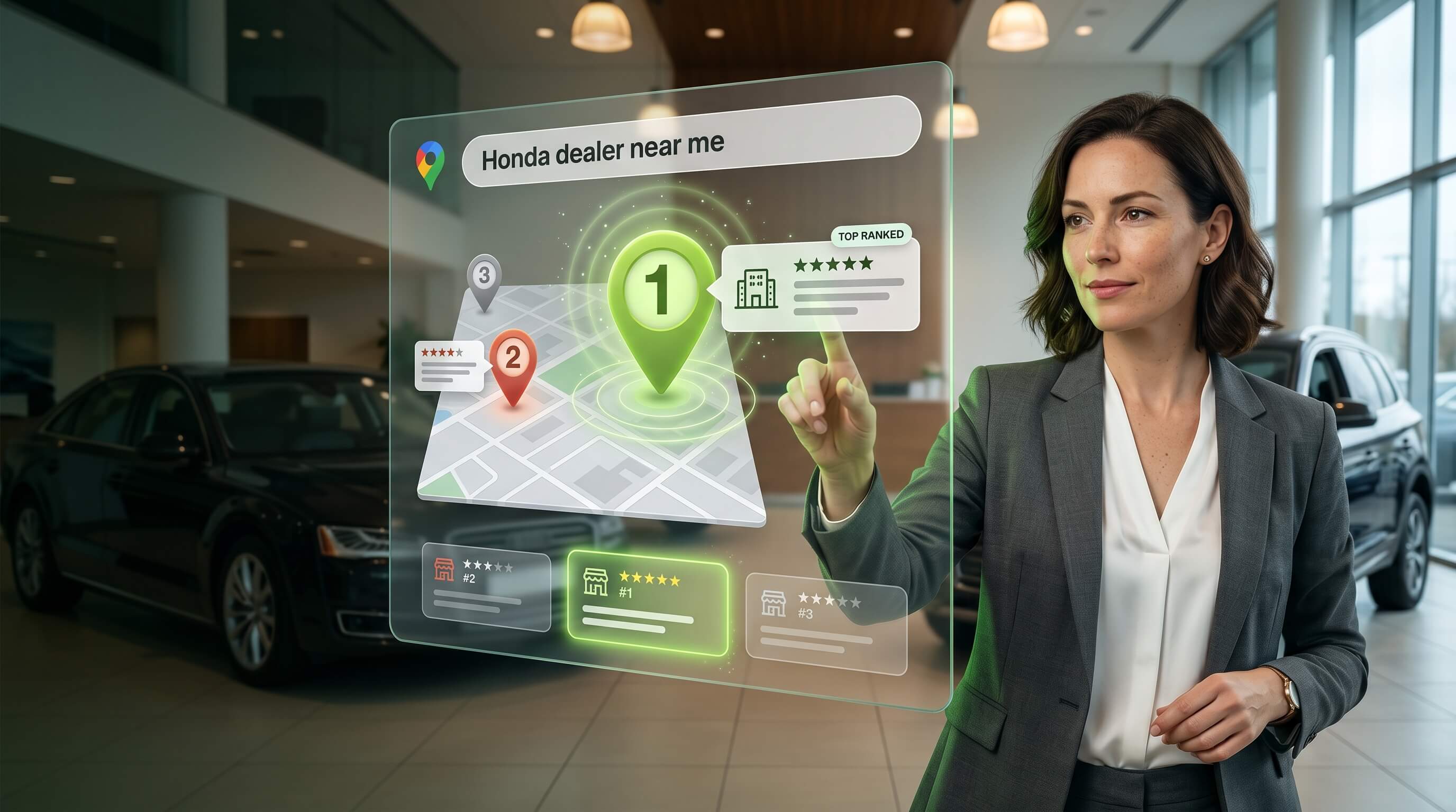 The five signals that win "dealer near me" across Maps, Google, and AI — queries that convert at 2-3x normal organic rates.