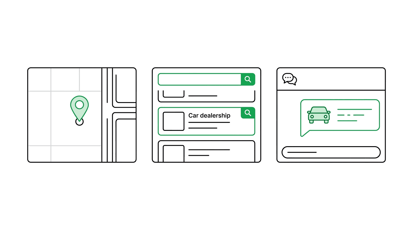 Notion-style illustration for Own 'Dealer Near Me' in Maps, Google, and AI