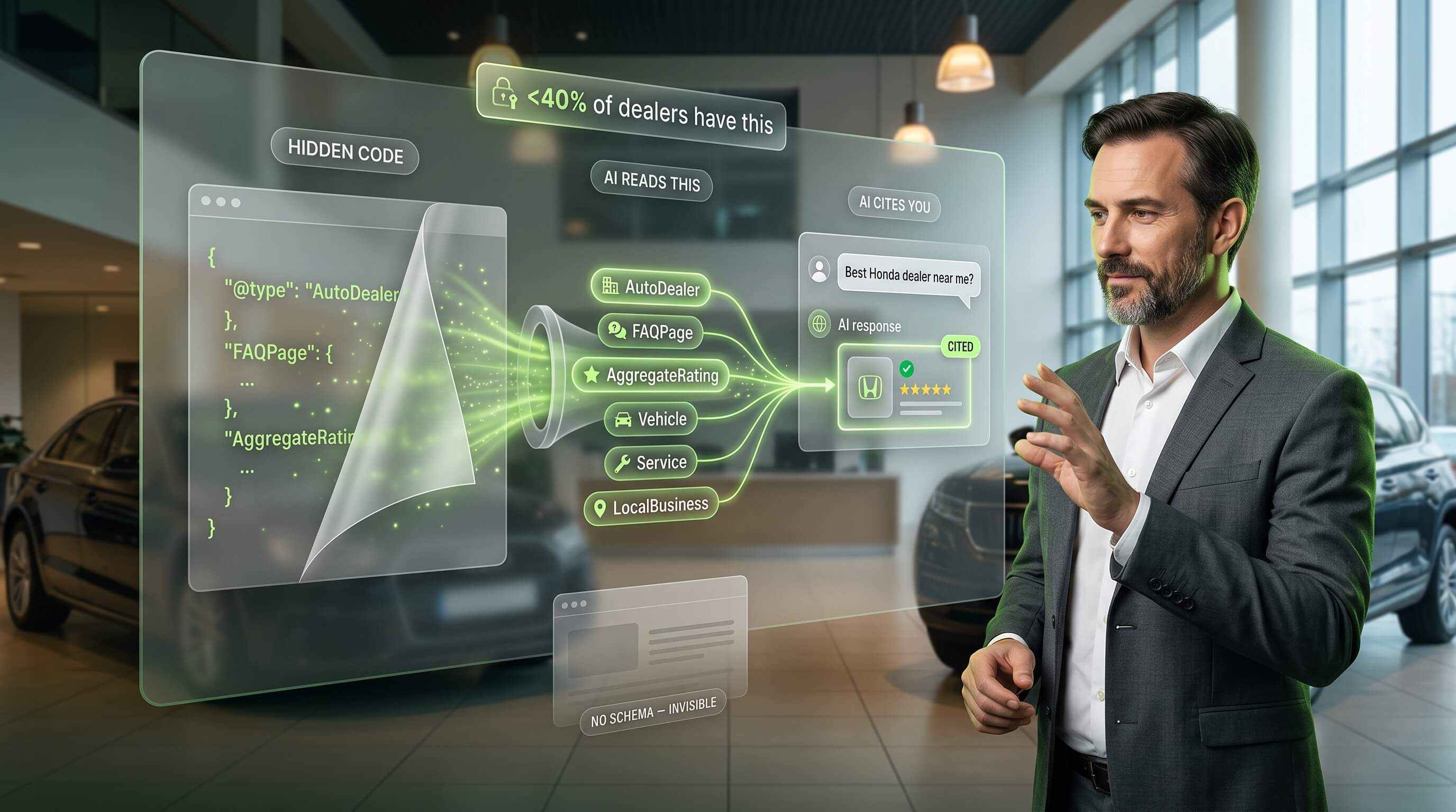 The six schema types that drive AI citations — and the order to ship them so dealerships close the 60% adoption gap fast.