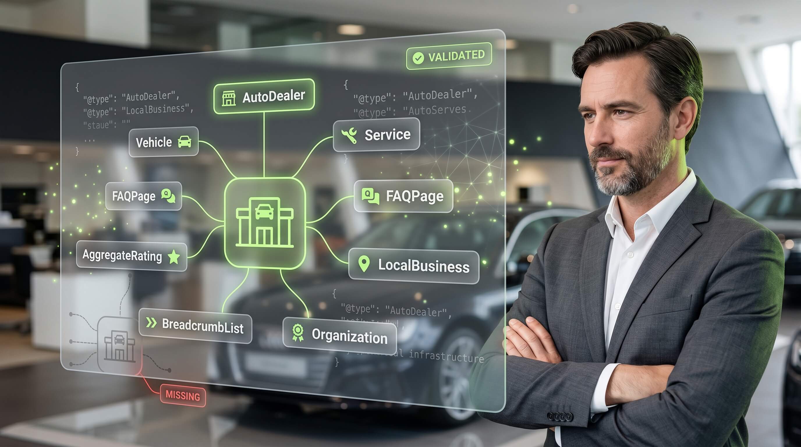 Seven schema types every dealership site needs (AutoDealer, Vehicle, Service, FAQPage, AggregateRating, LocalBusiness, BreadcrumbList) — most dealers ship none.