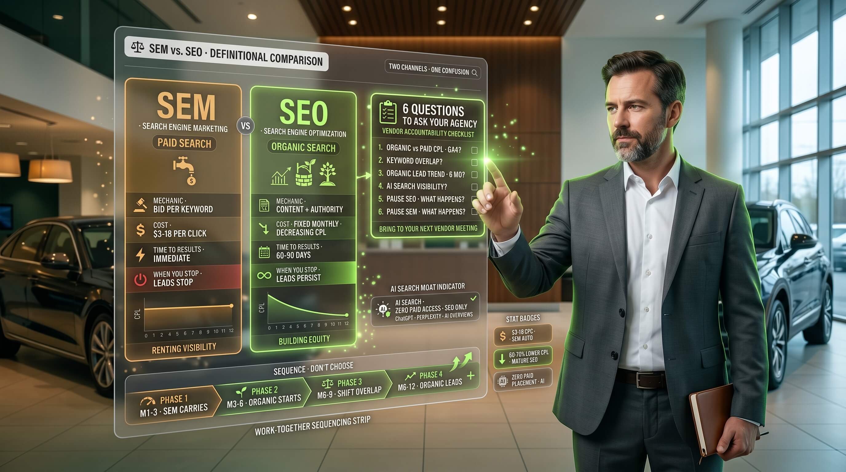 When to spend on SEM (immediate leads, fixed CPC) vs SEO (compounding lower CPL) — and why most dealerships need both running together.