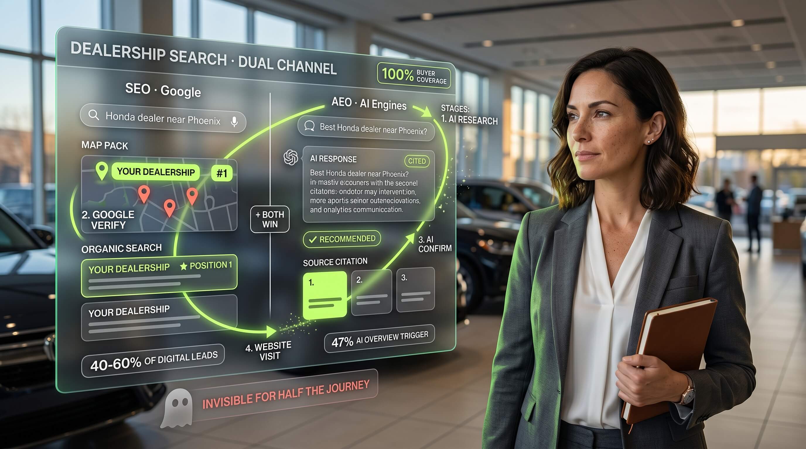 Why dealerships need both SEO (the foundation) and AEO (the AI citation layer) — and what each one captures that the other can't.