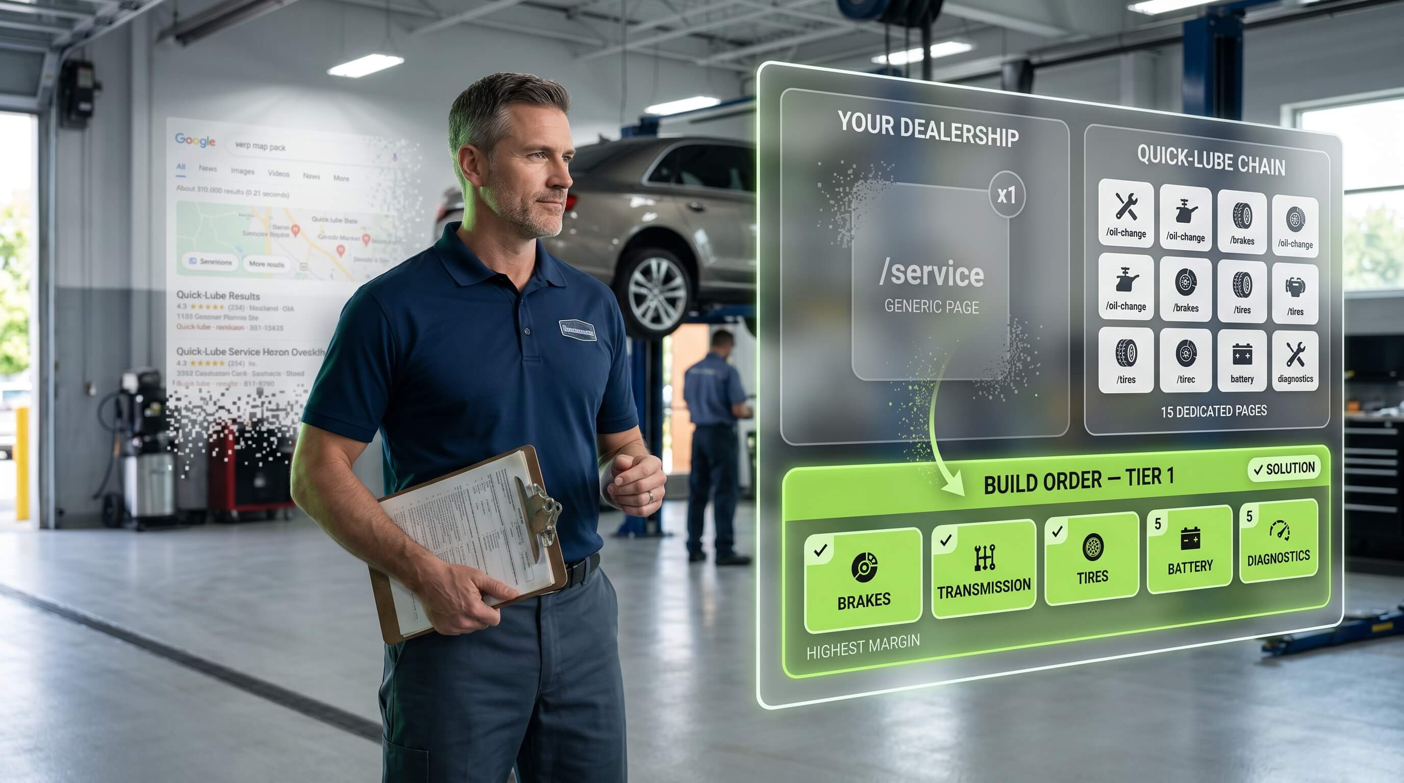 The per-service page architecture that recovers 35-50% of the local service traffic dealerships lose to quick-lube chains.