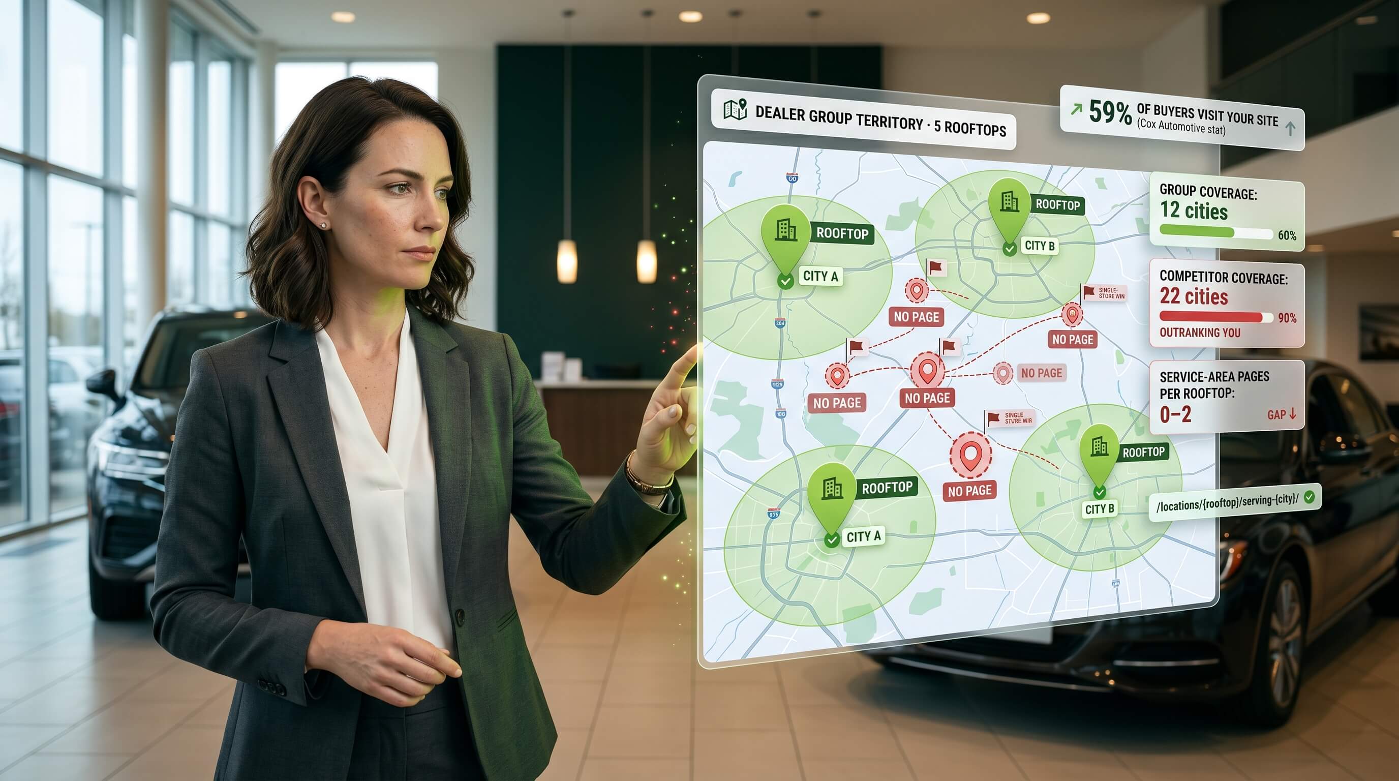 Map of a multi-rooftop dealer group's trade area with service-area page coverage gaps highlighted