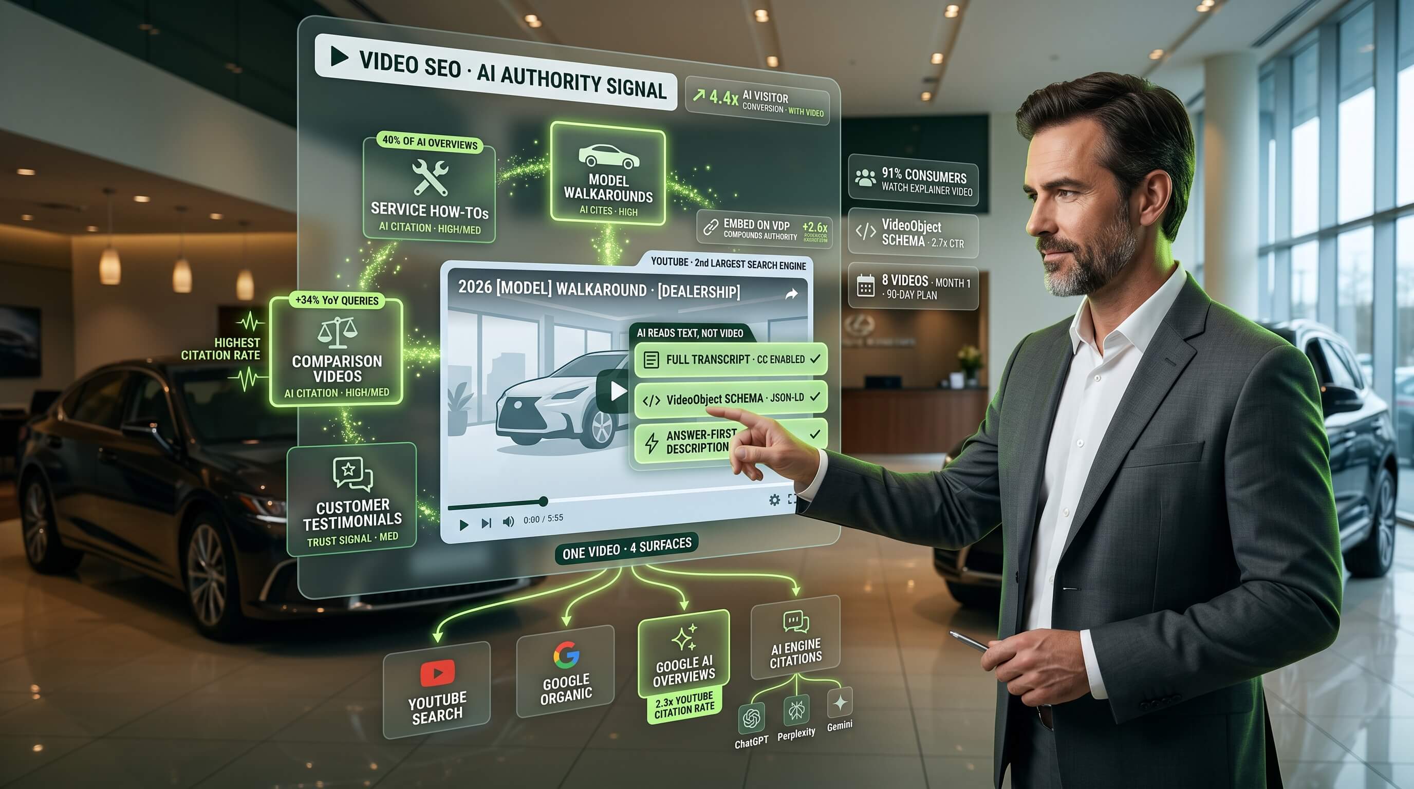 Five dealership video types AI search platforms cite, with viewers converting at 4.4x higher rates than text-only content.