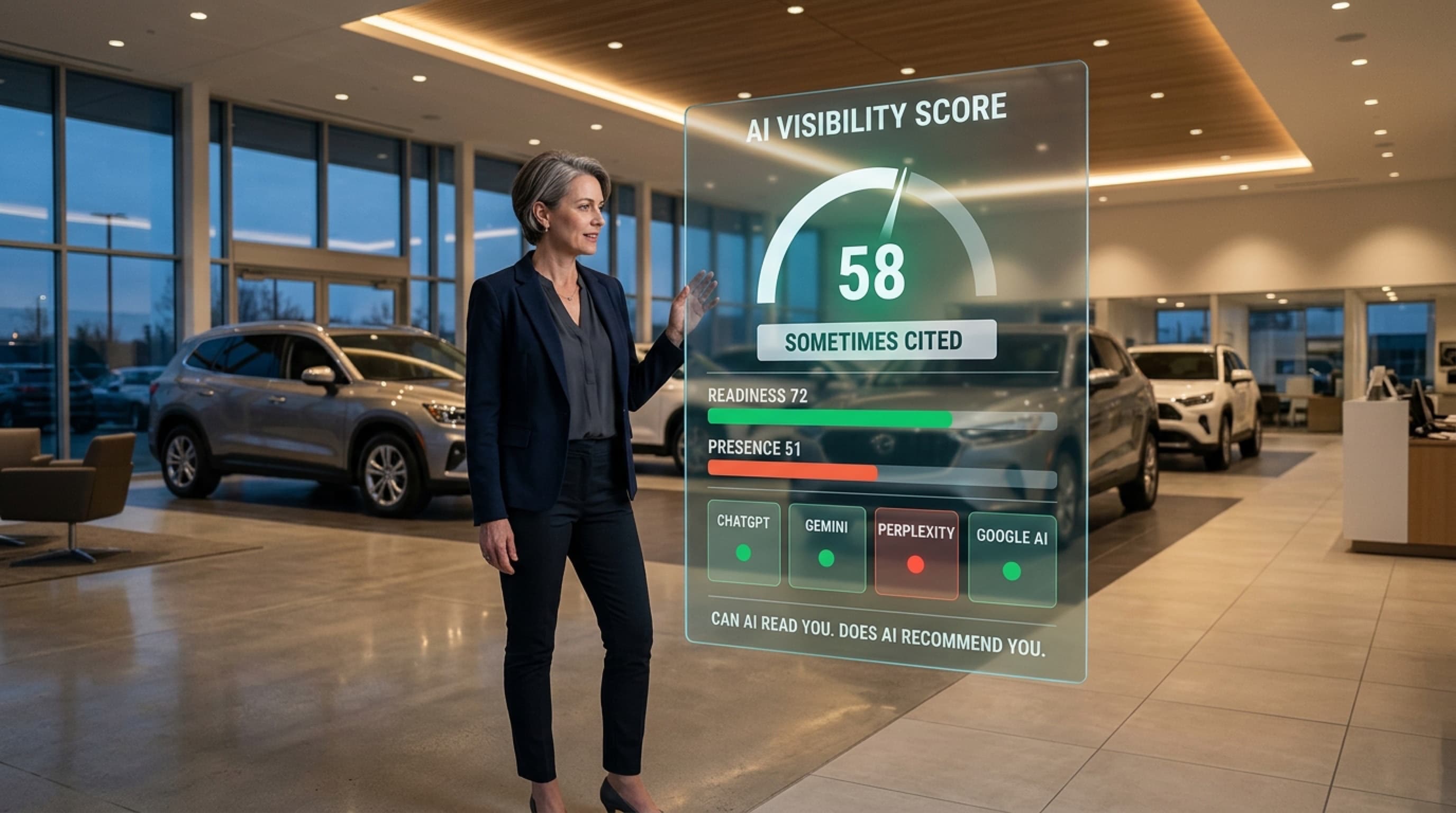 An AI visibility score gauge splitting into its two halves: readiness, whether AI can read the site, and presence, whether AI cites the store.