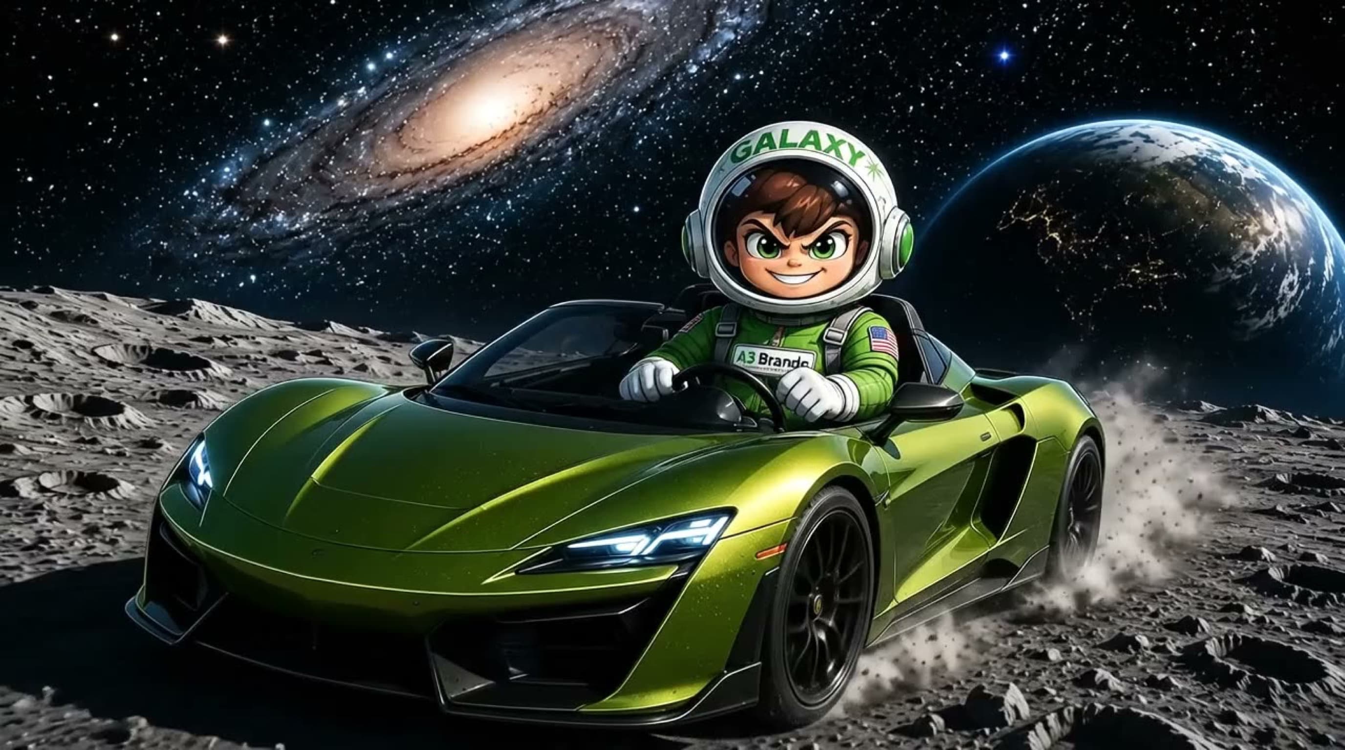 SAGGY, the A3 Brands astronaut mascot, driving a green sports car across the moon with Earth and the galaxy behind him.