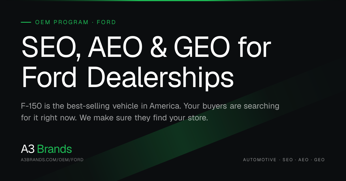 Ford Dealership SEO, AEO & GEO — A3 Brands