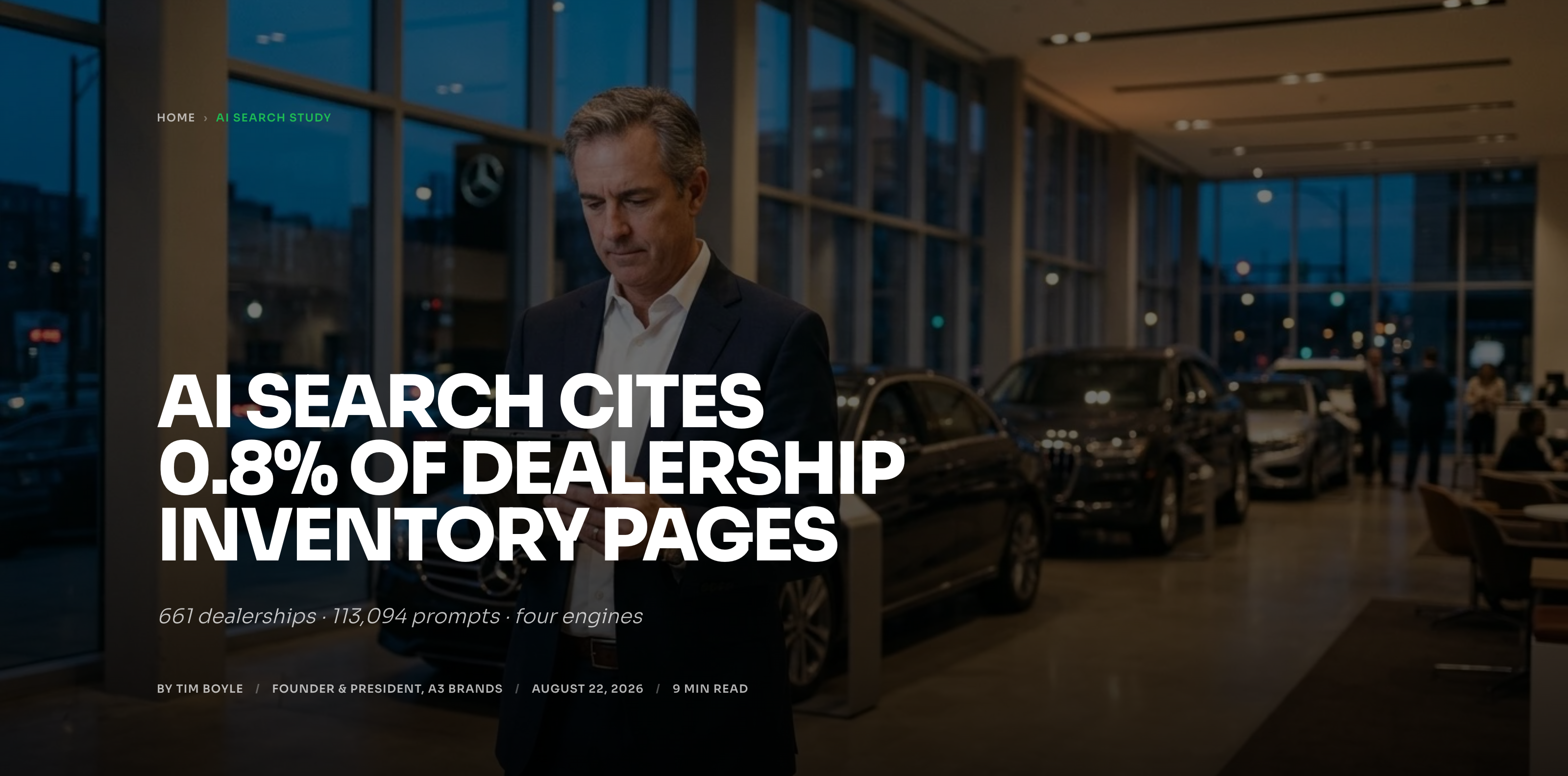Study headline over a showroom photograph: AI Search Cites 0.8% of Dealership Inventory Pages