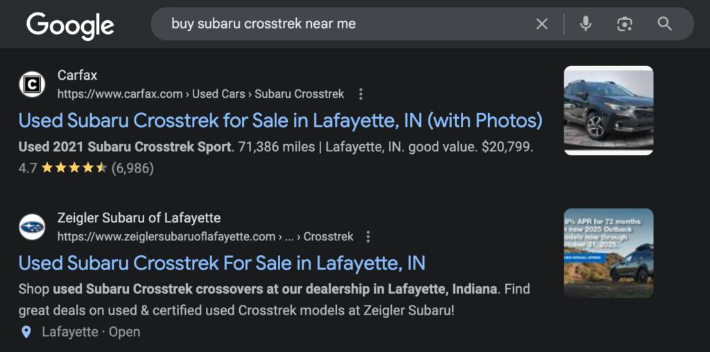 Google Search Query Example "buy subaru crosstrek near me"