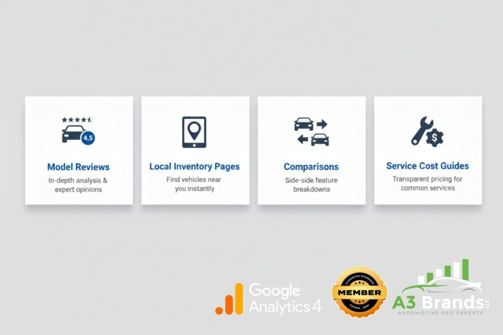 4-square graphic showing: Model Reviews, Comparisons, Local Inventory Pages, Service Cost Guides.