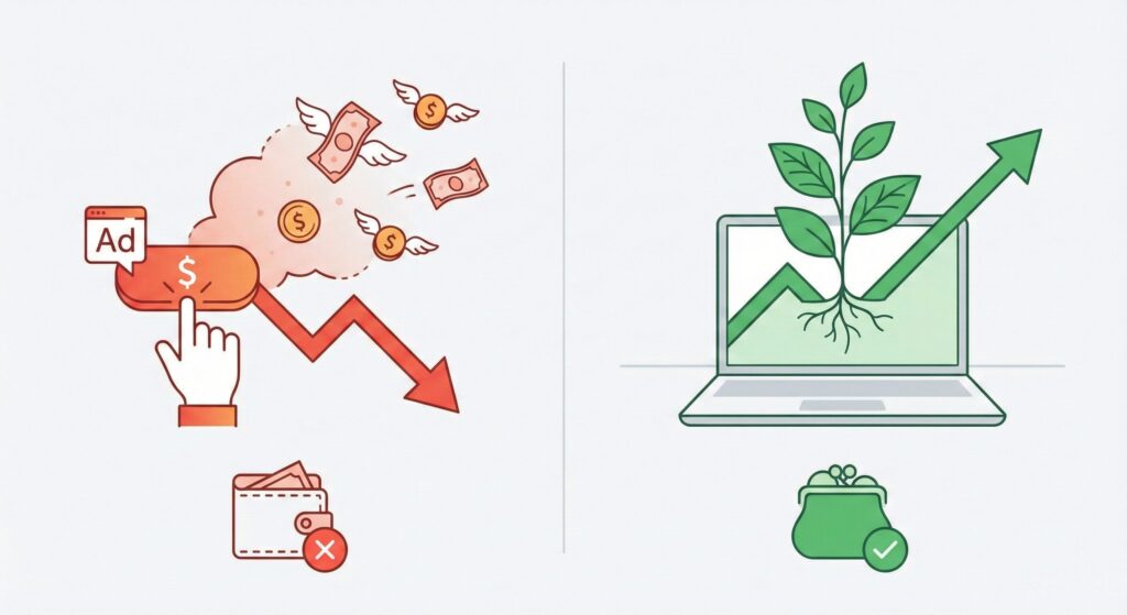 Visual comparison of PPC advertising costs versus organic SEO growth for dealerships