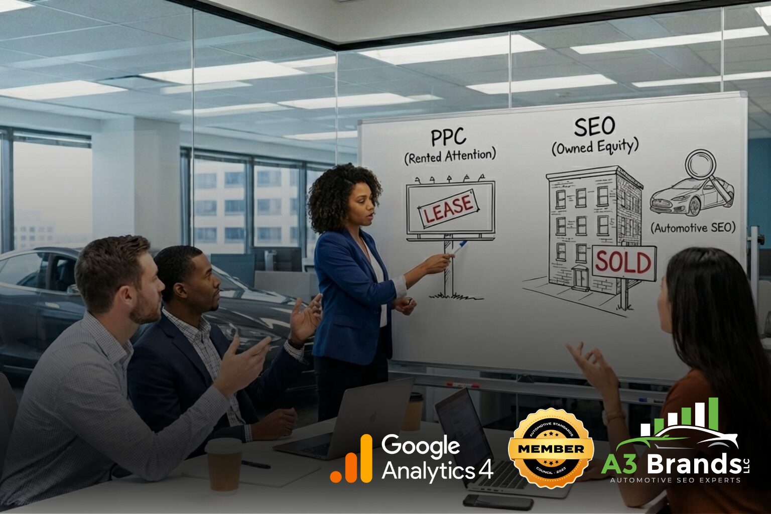 People discussing the Illustration comparing rented PPC traffic to owned SEO rankings for car dealerships.